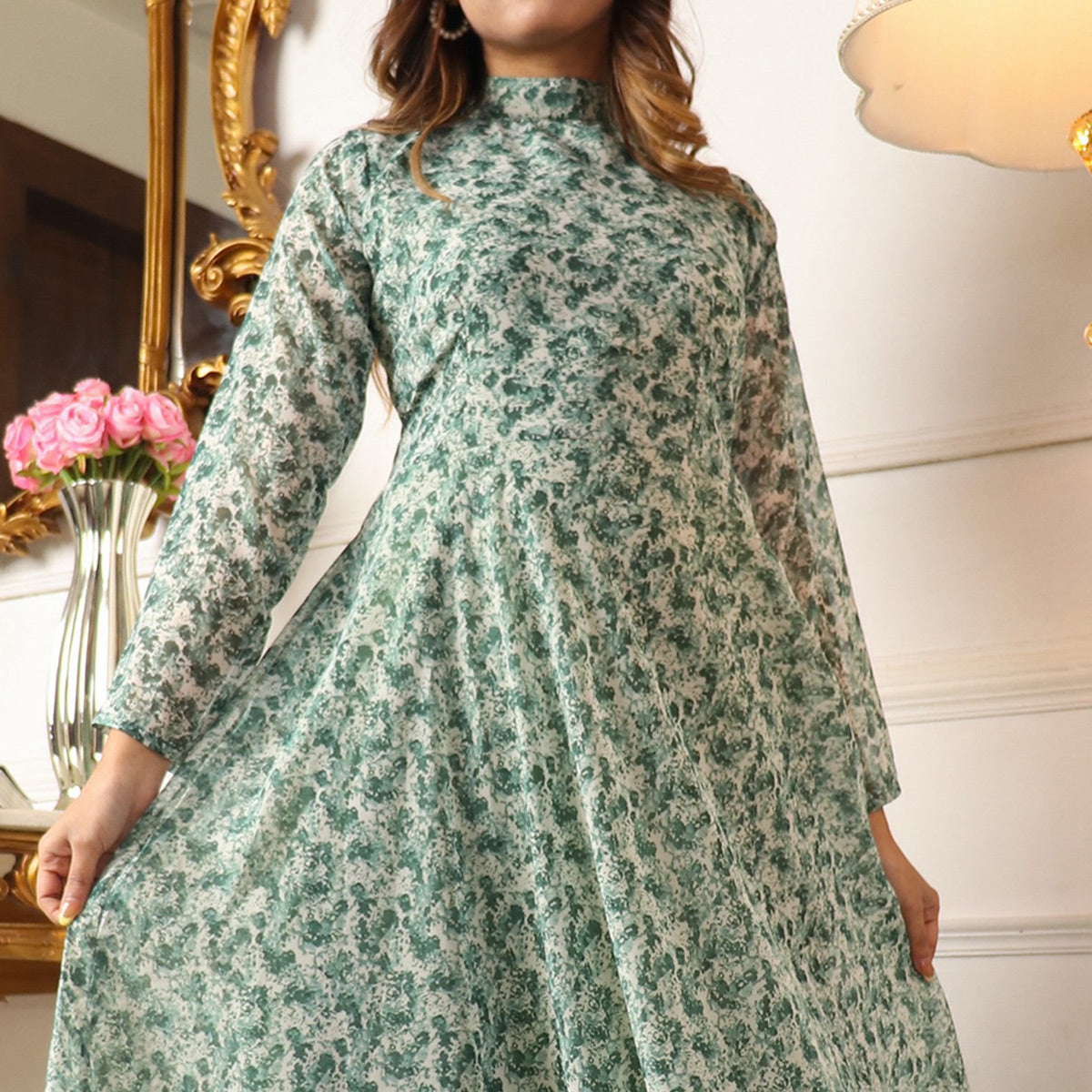 Green Printed Georgette Gown