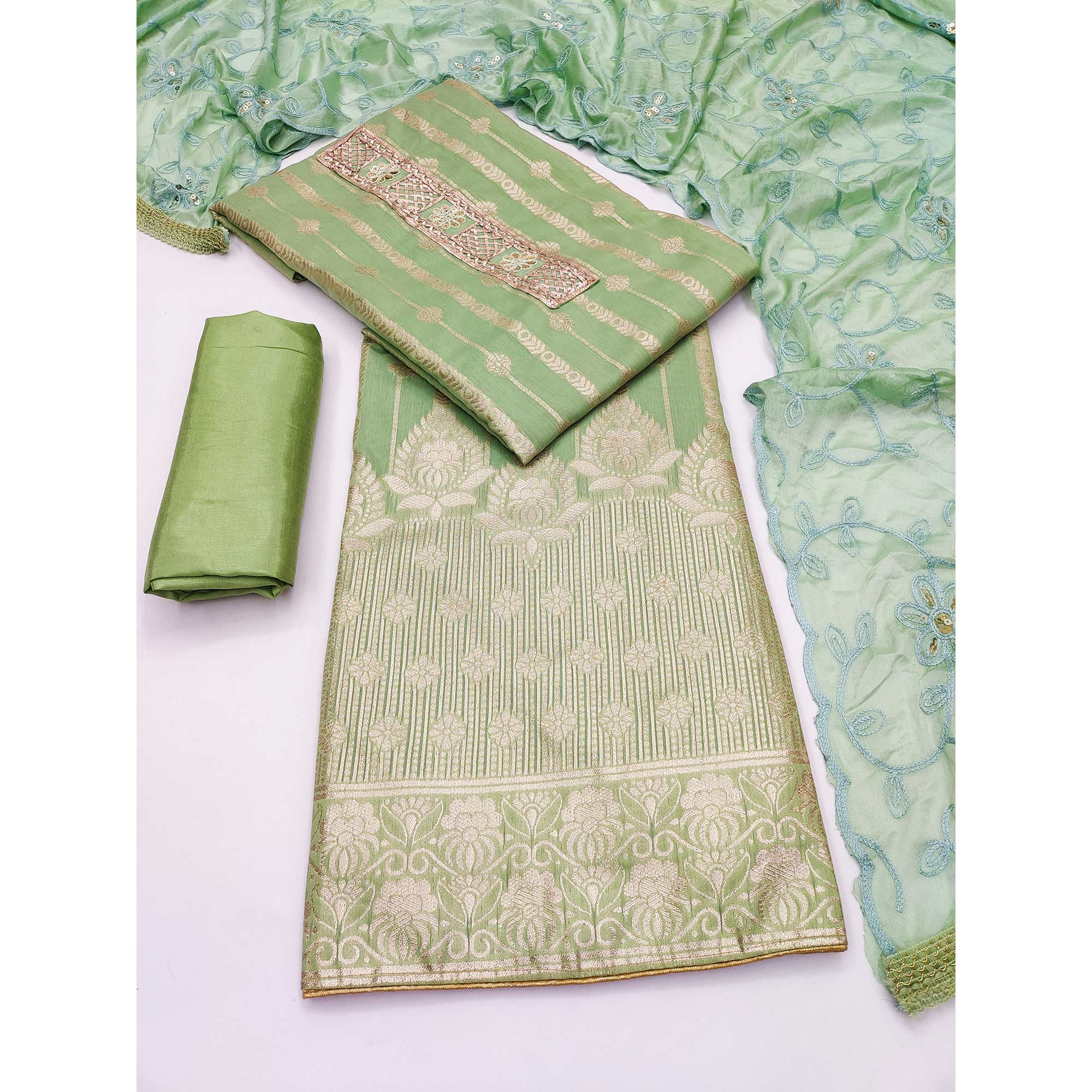 Green Woven Banarasi Silk Dress Material