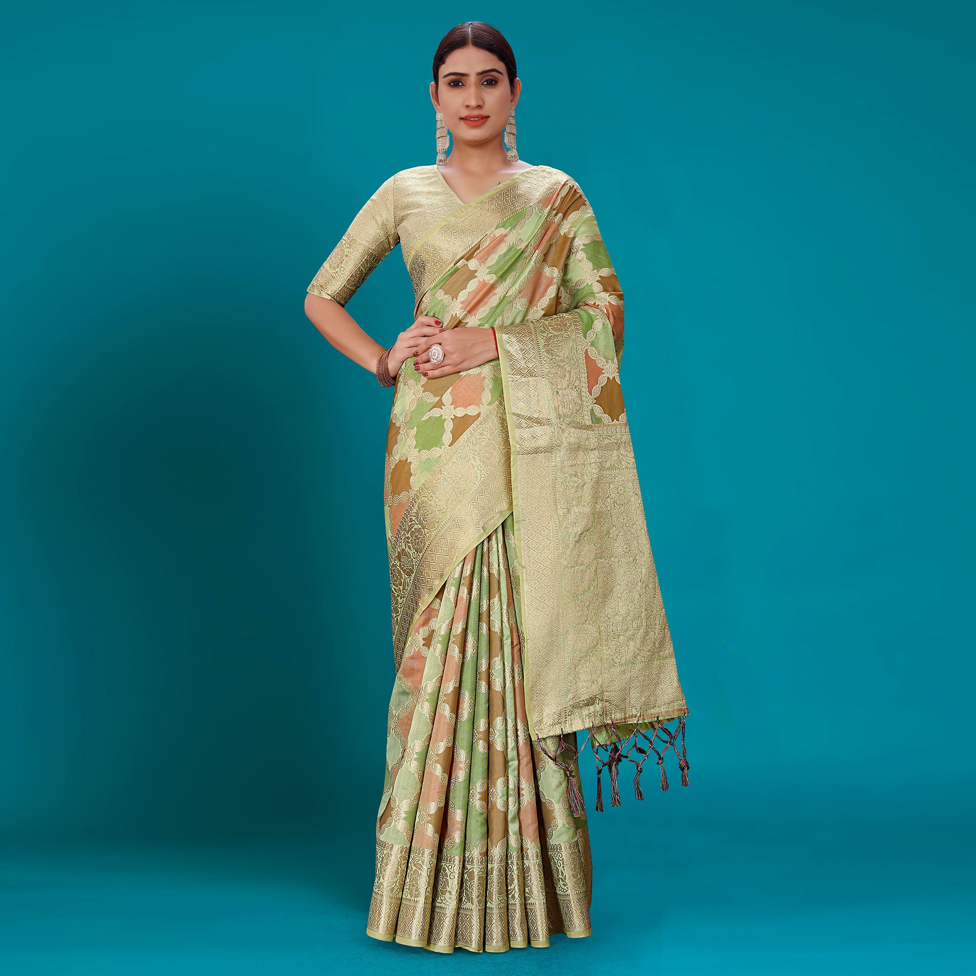 Green Woven Organza Saree With Tassels