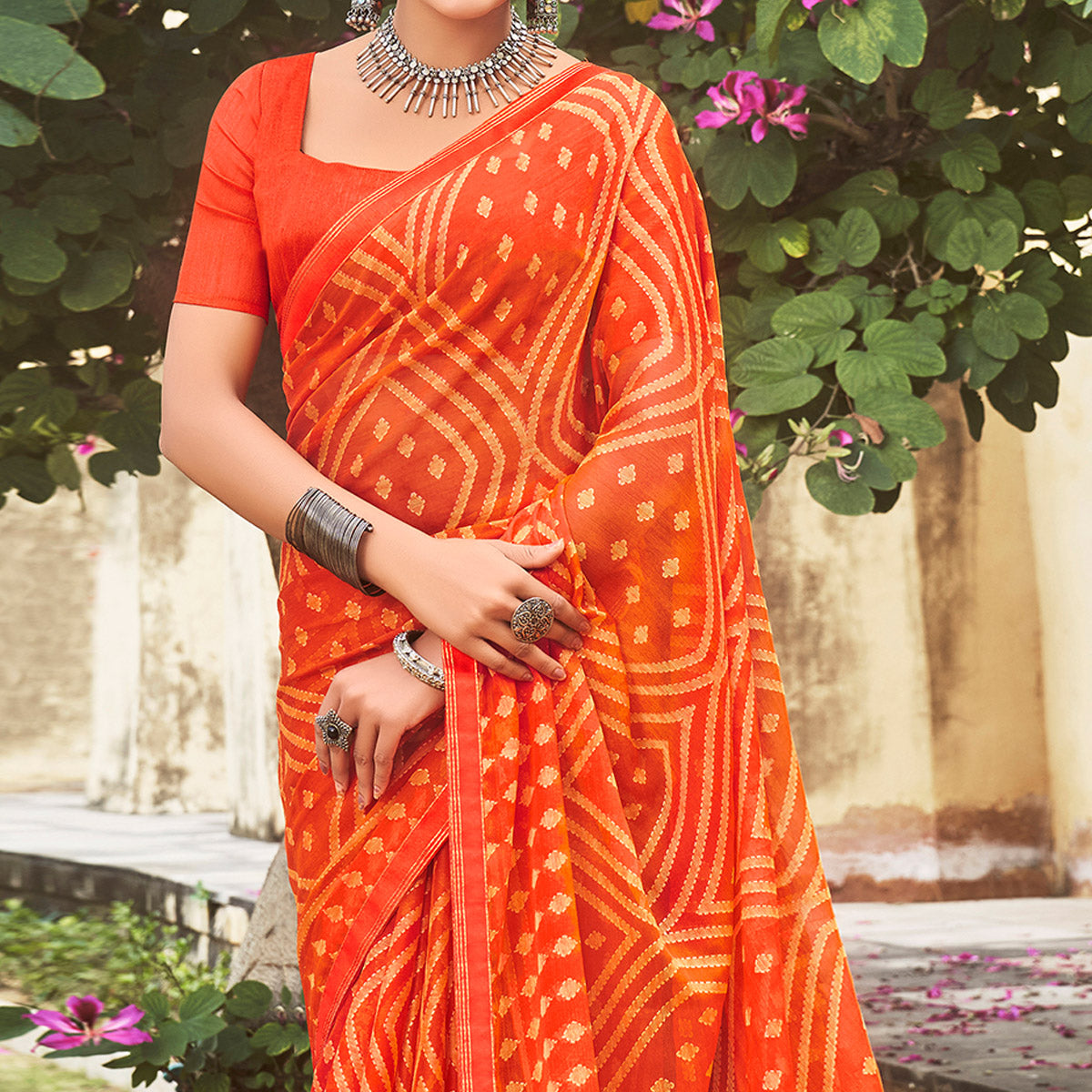 Orange Printed Chiffon Saree