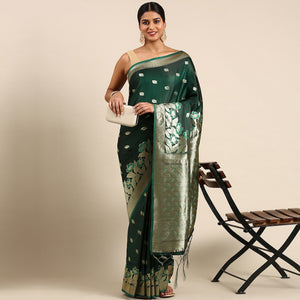 Green Woven Kanjivaram Silk Saree WithTassels