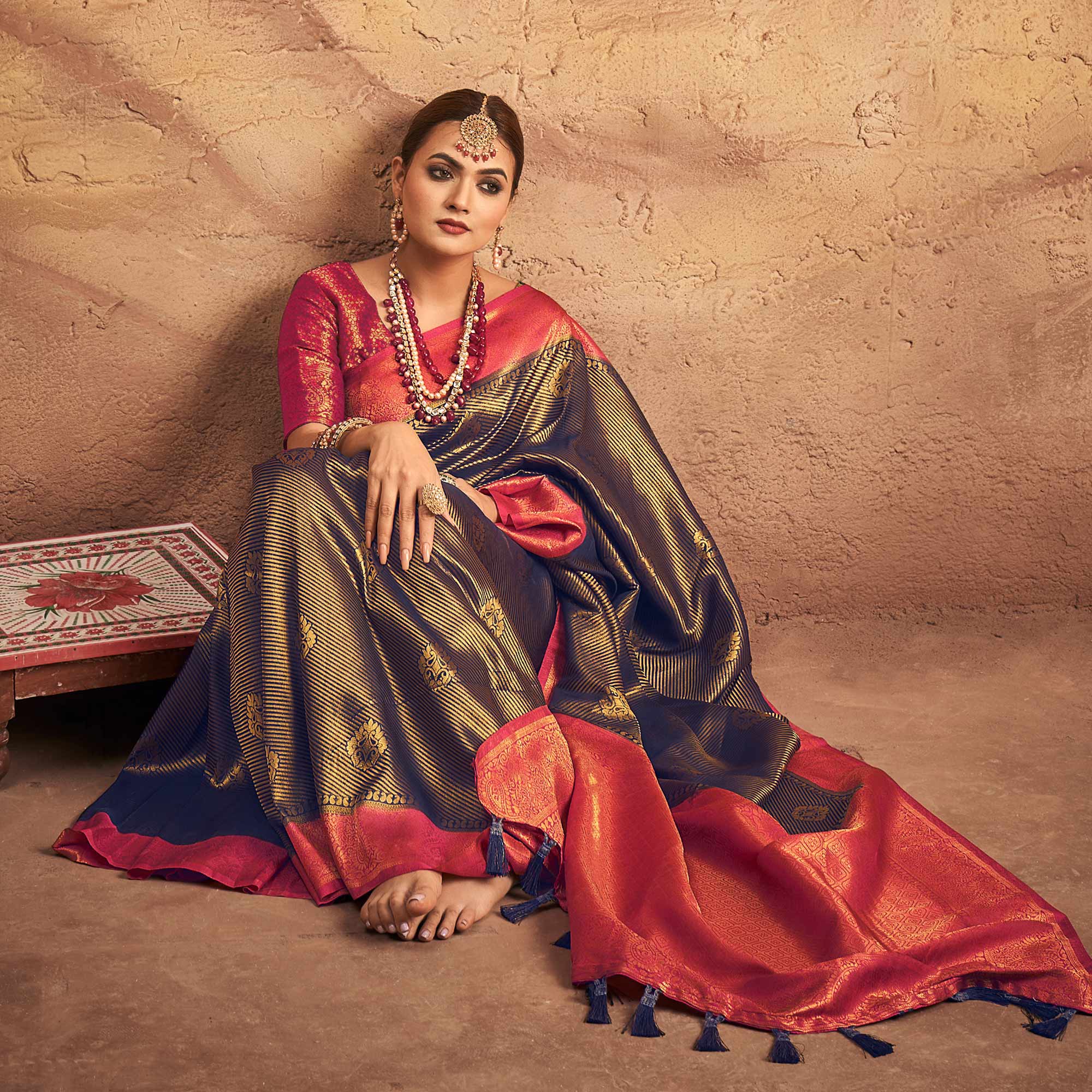 Navy Blue Woven Art Silk Saree With Tassels