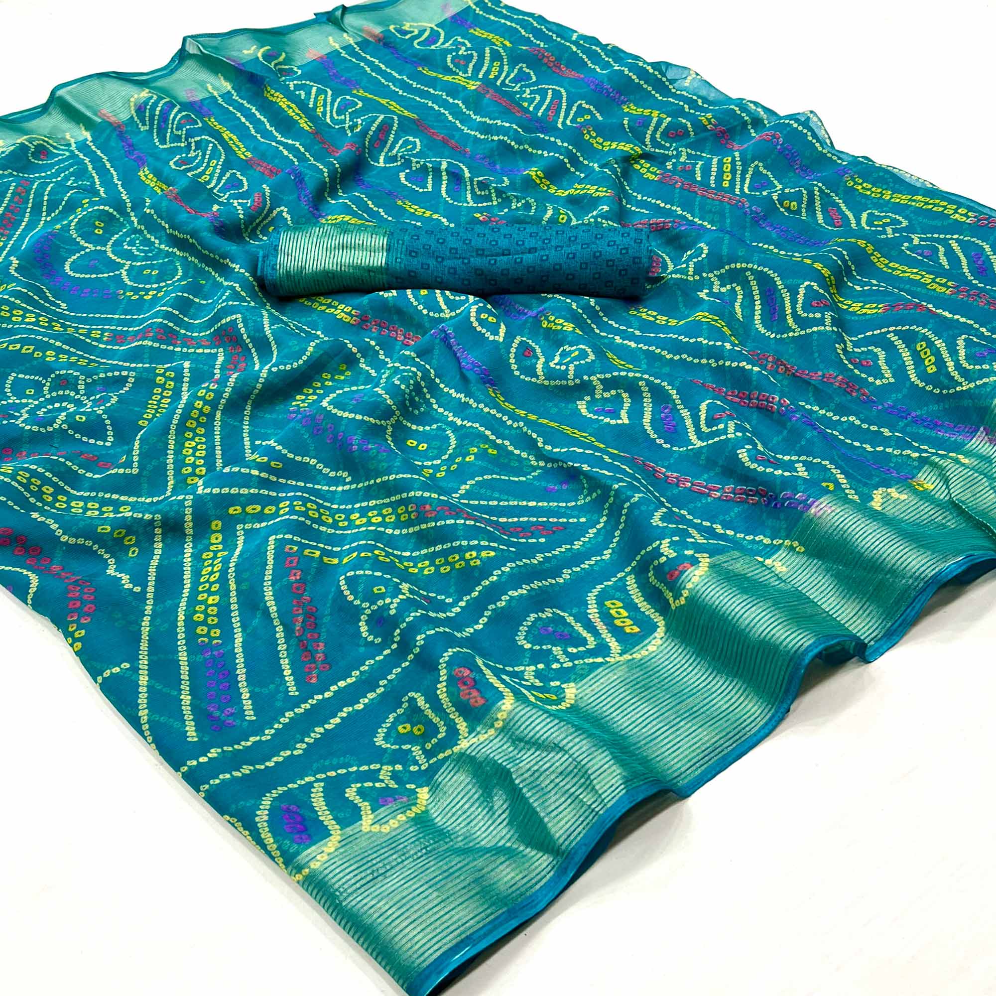 Blue Bandhani Printed Chiffon Saree