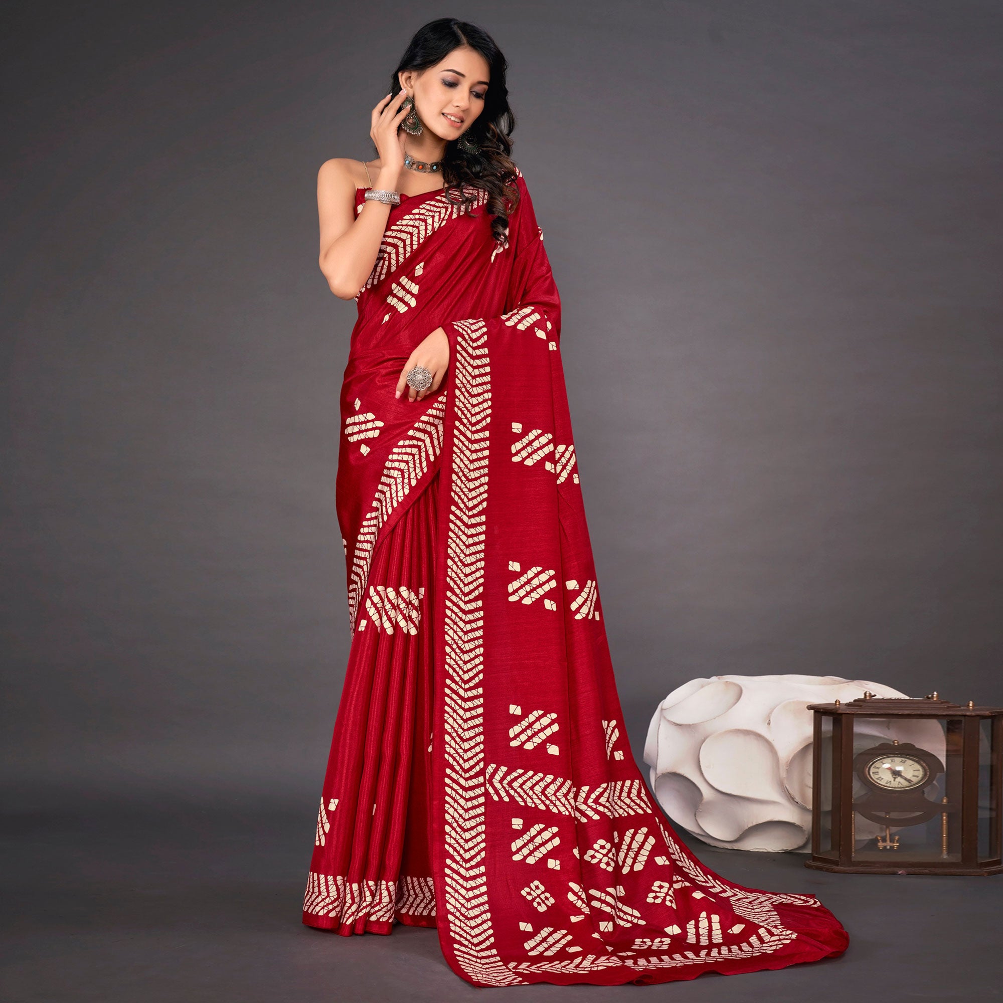 Red Printed Dola Silk Saree