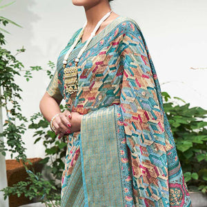 Blue Digital Printed Linen Saree