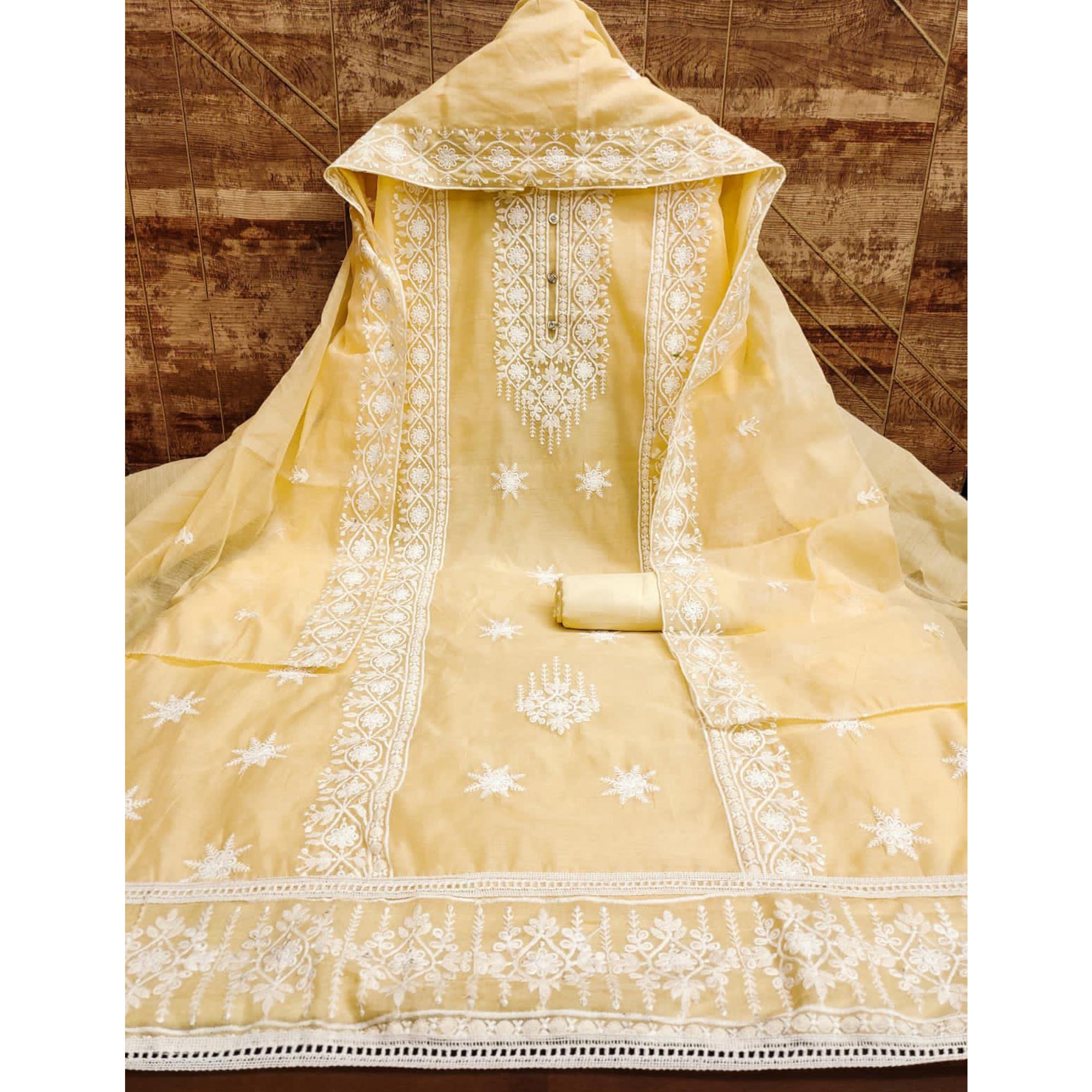 Yellow Floral Embroidered Chanderi Dress Material