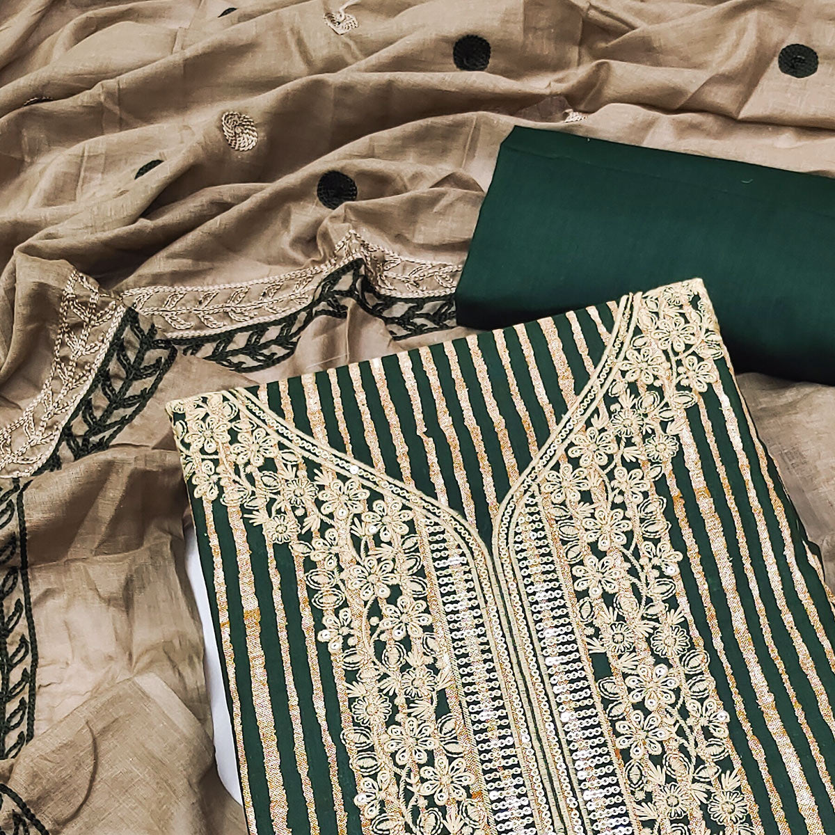 Green Printed With Sequins Embroidered Pure Cotton Dress Material