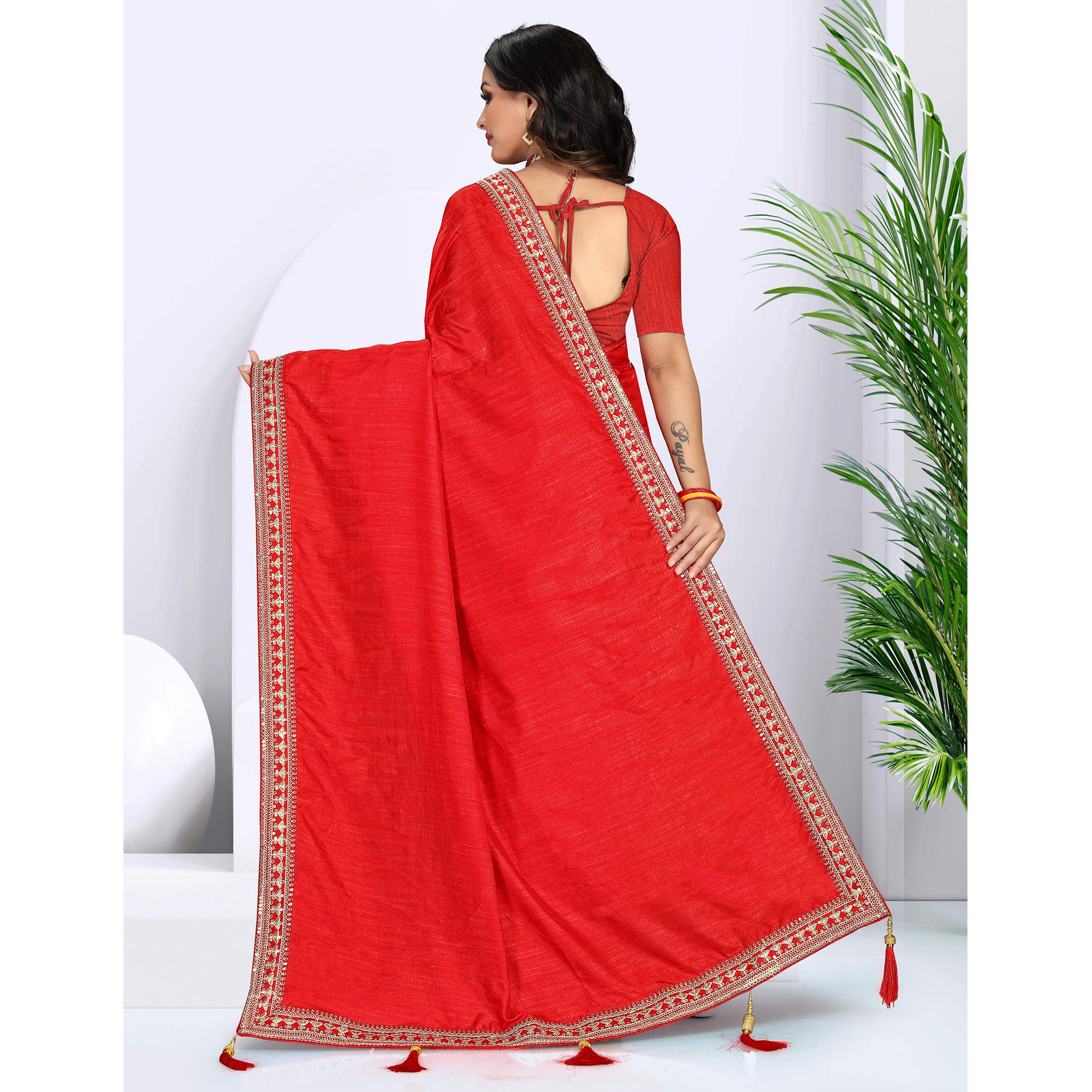 Red Sequins Embroidered Border Vichitra Silk Saree