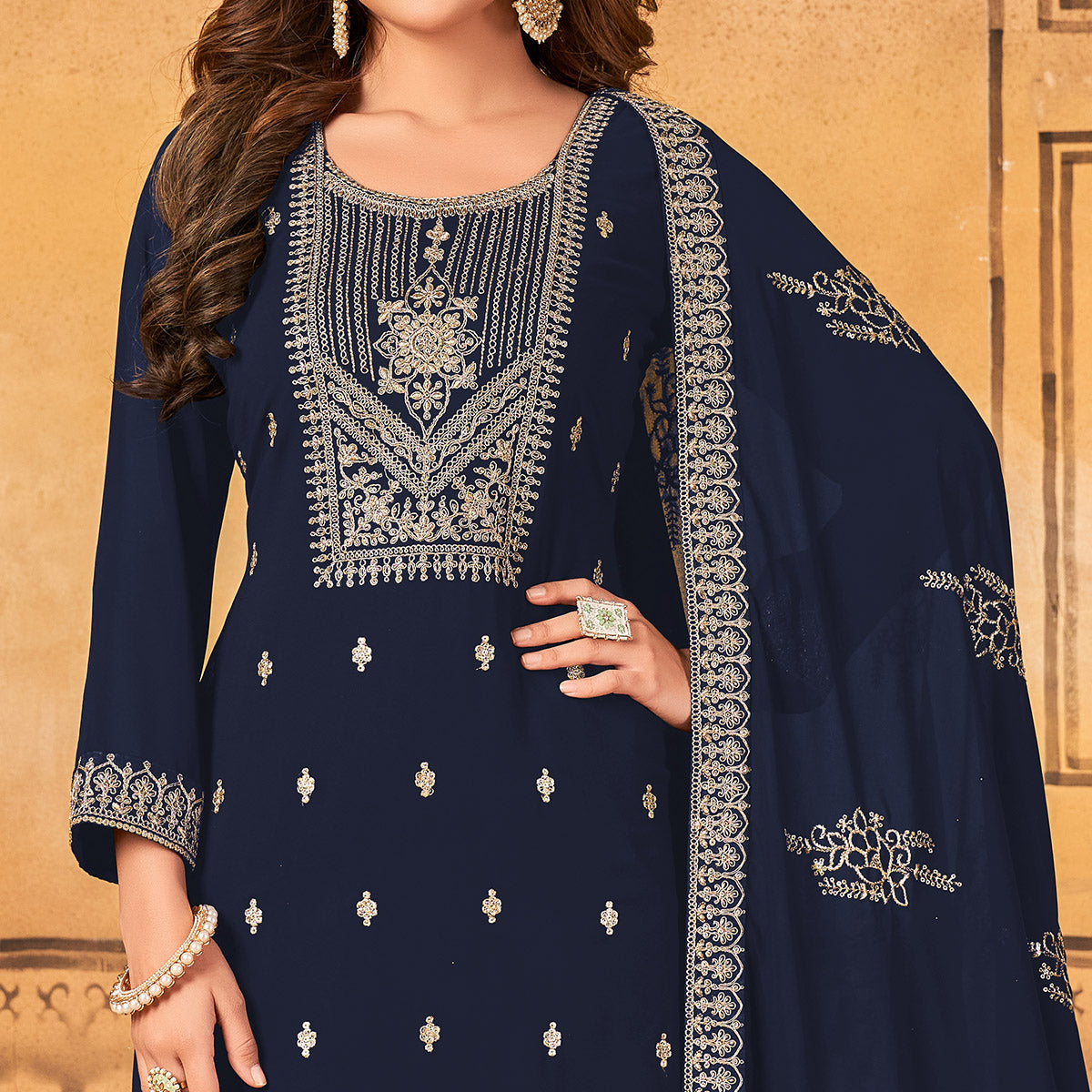 Navy Blue Floral Embroidered Georgette Salwar Suit