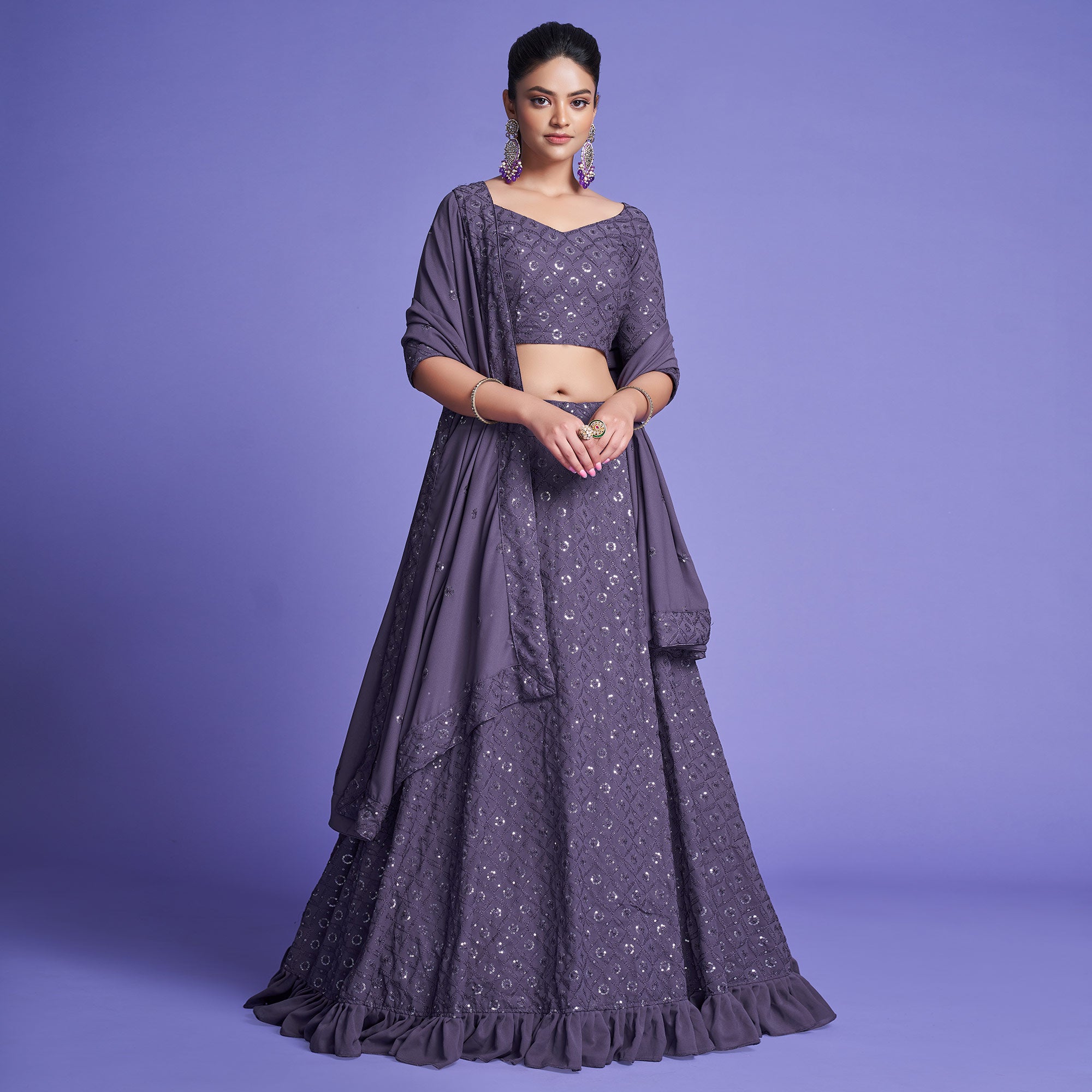 Purple Sequins Embroidered Georgette Lehenga Choli