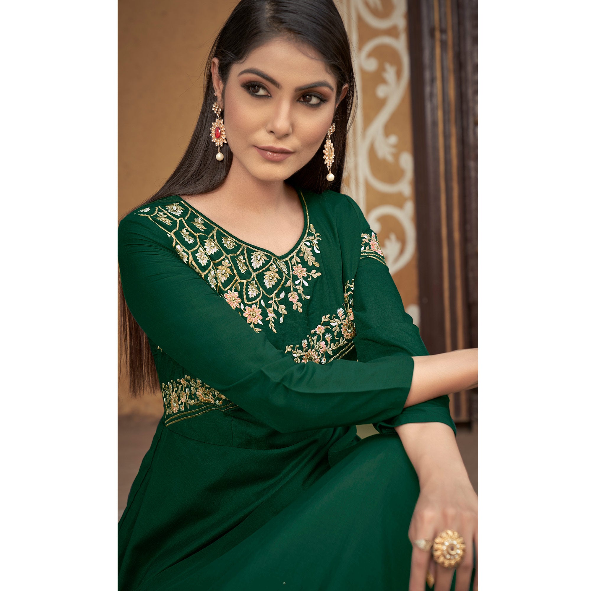 Bottle Green Floral Embroidered Muslin Gown