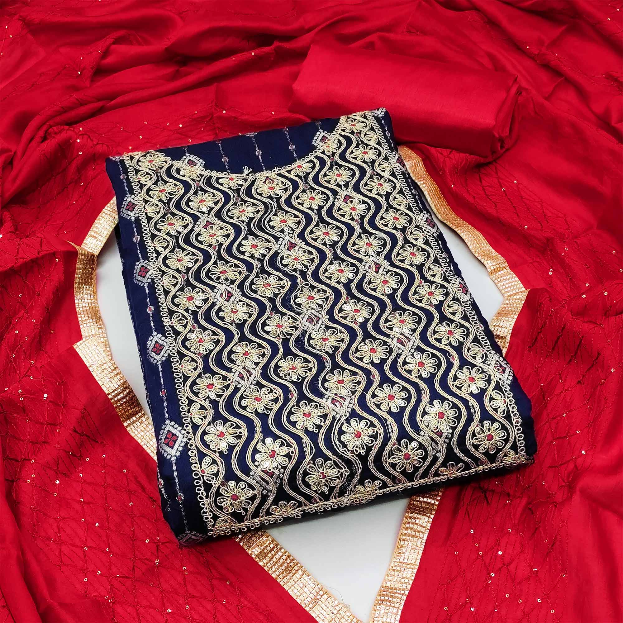 Navy Blue Woven With Embroidered Modal Dress Material