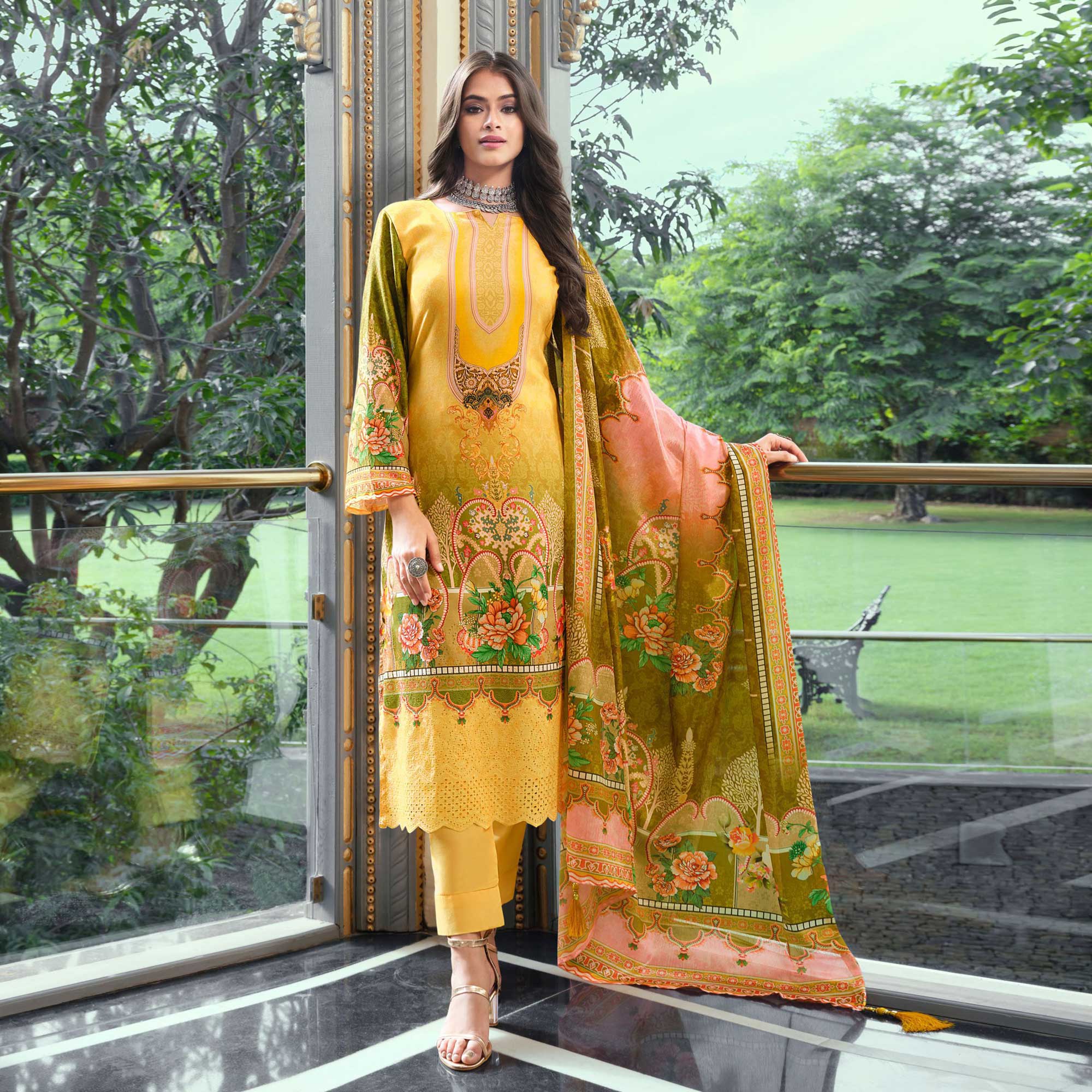 Yellow And Green Digital Printed With Daman Embroidered Pure Cotton Pakistani Suit