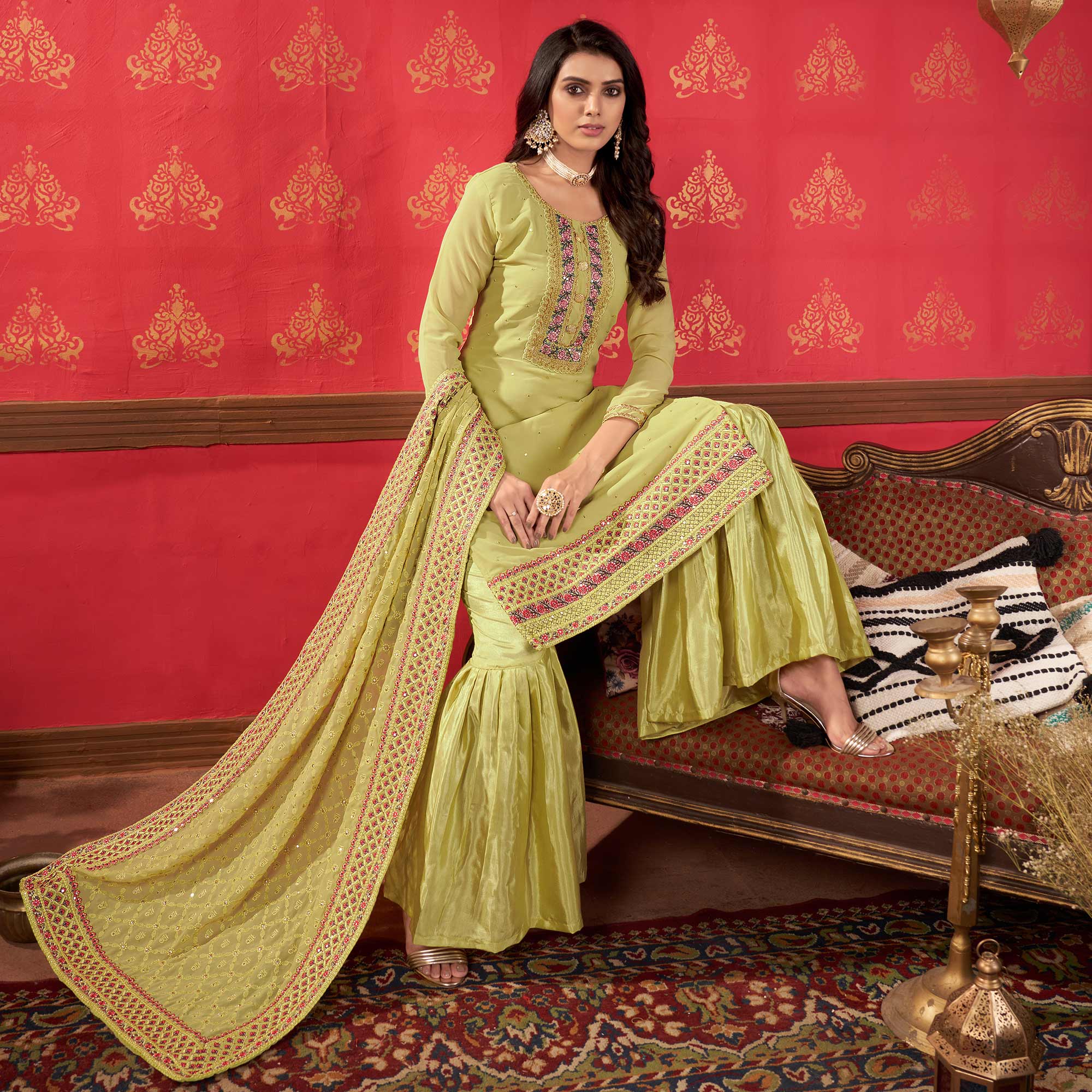 Pista Green Embroidered Georgette Sharara Suit