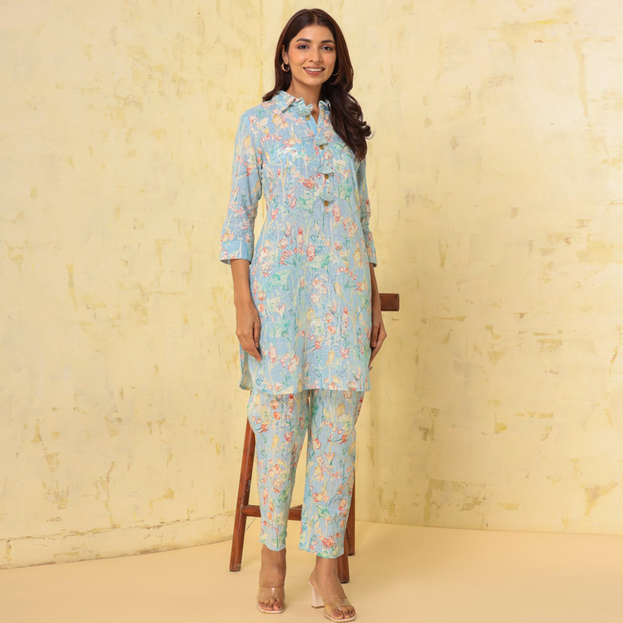 Blue Floral Printed Pure Cotton Co Ord Set