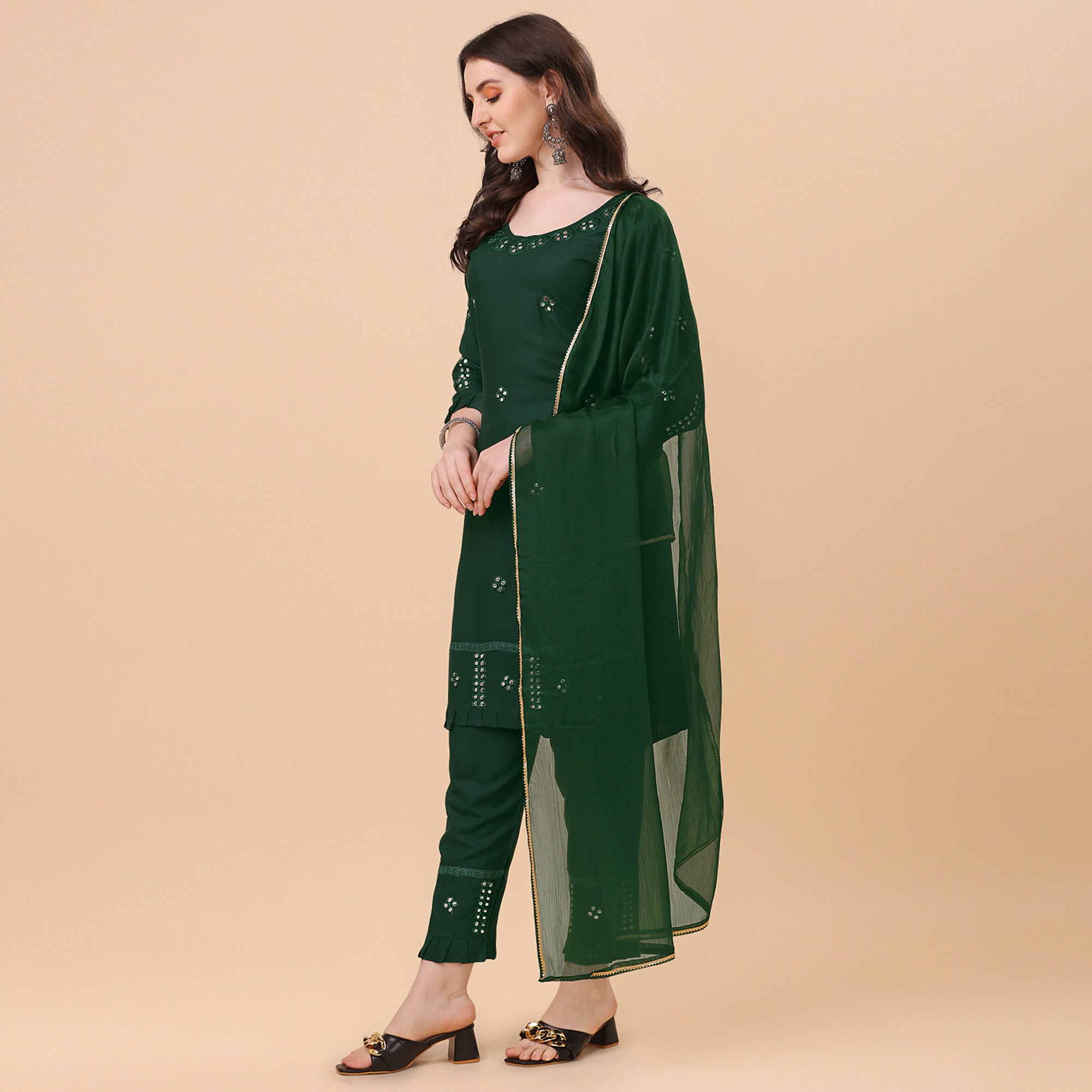 Green Embroidered Rayon Salwar Suit