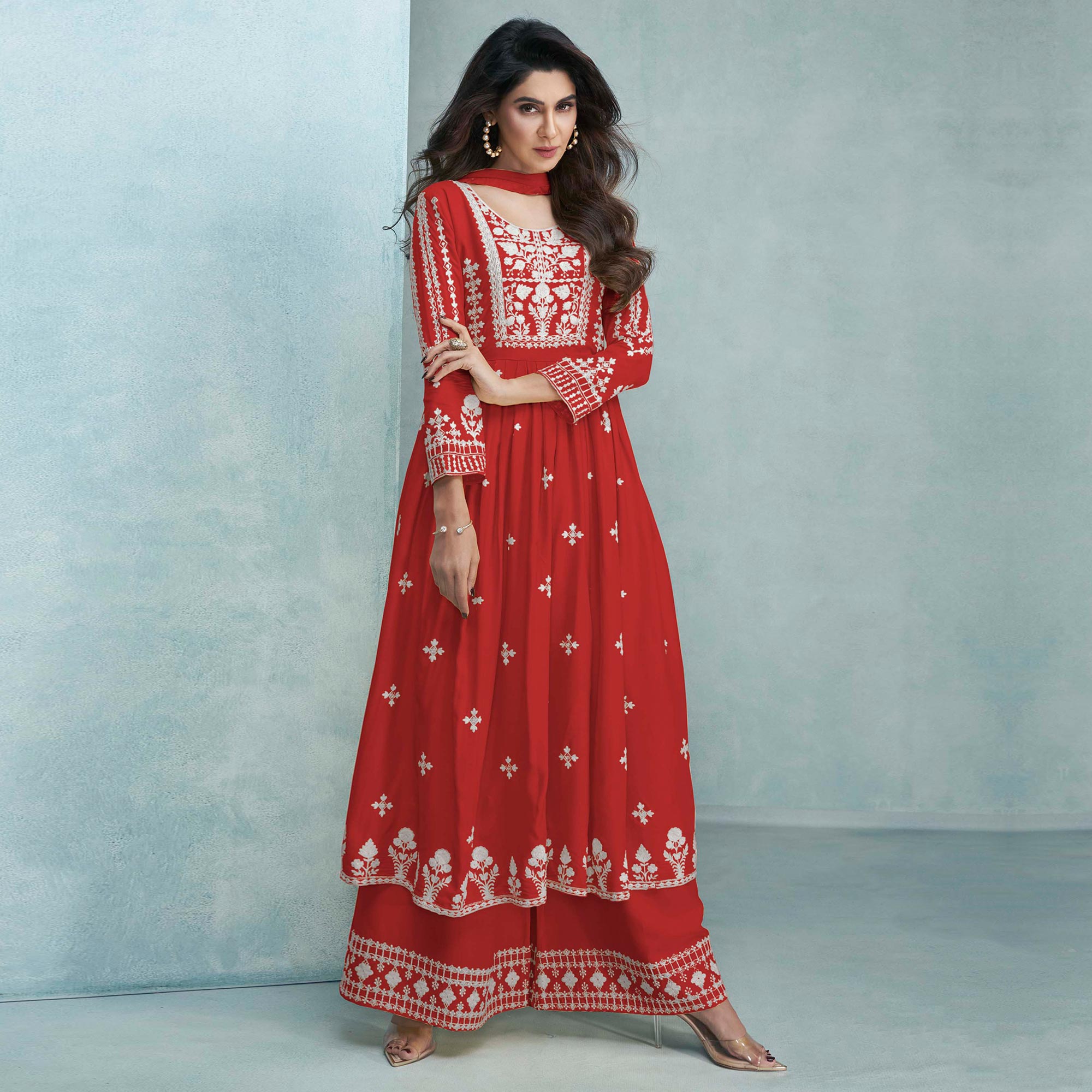 Red Lucknowi Embroidered Rayon Palazzo Suit