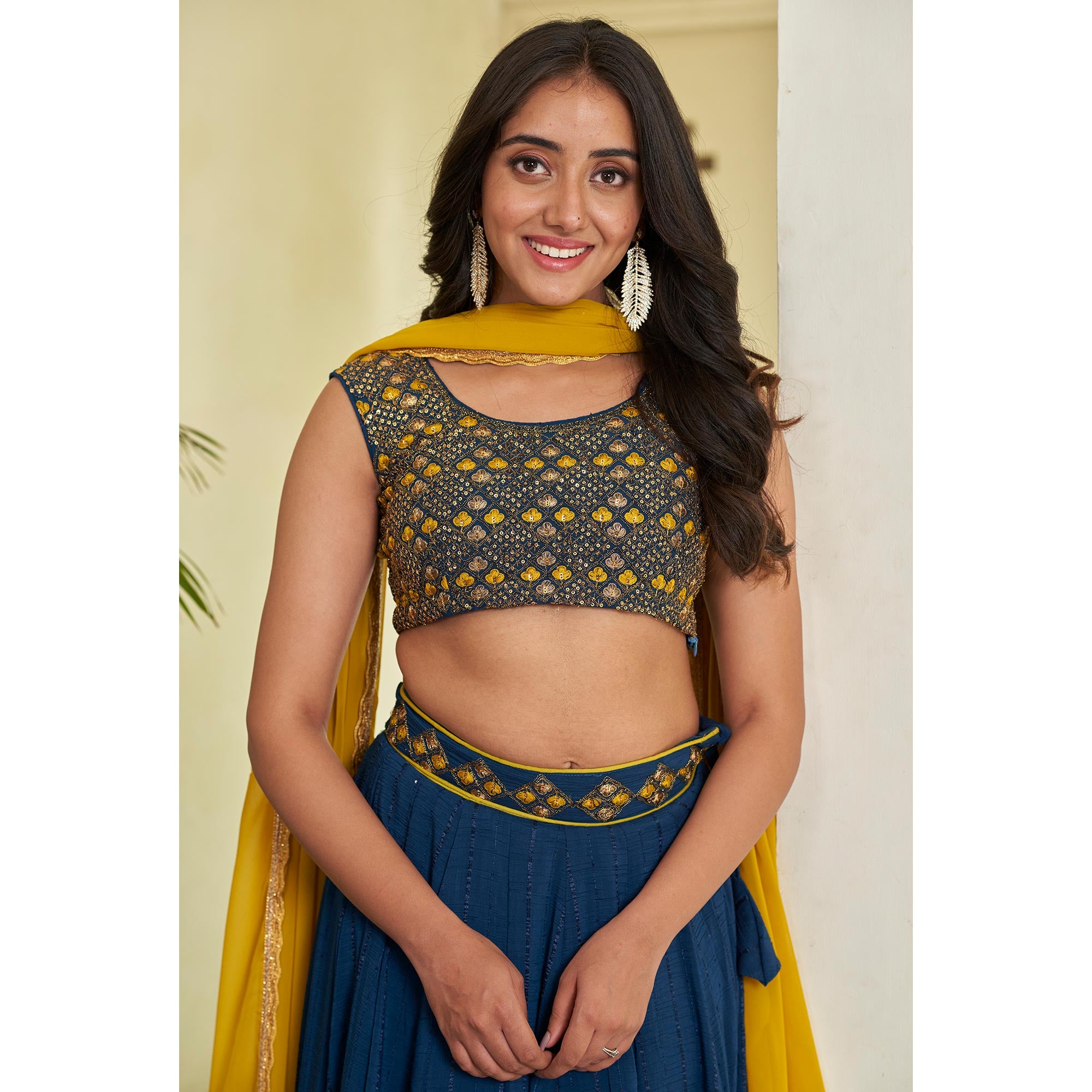 Blue Sequins Embroidered Chanderi Lehenga Choli