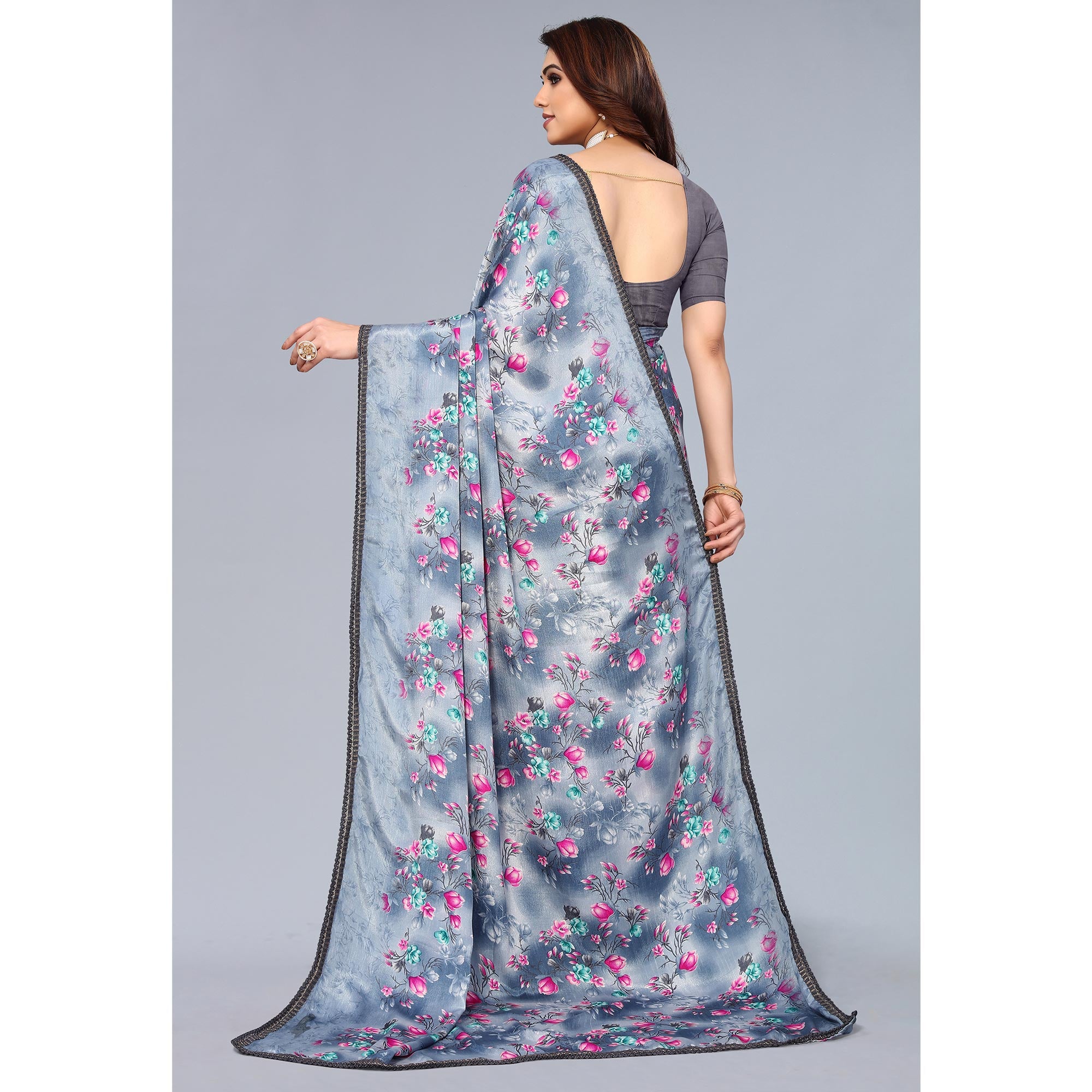 Grey Floral Printed Art Silk Saree With Crochet Border