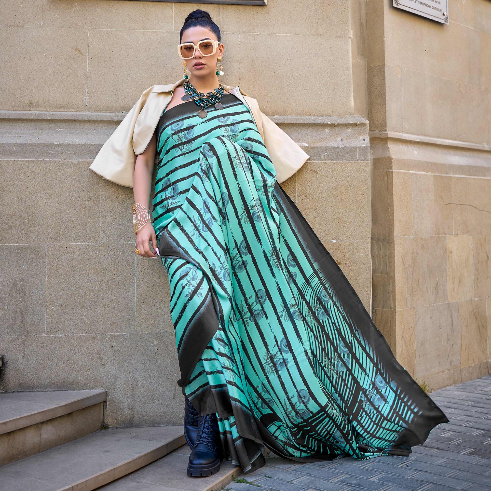 Turquoise Printed Crepe Saree