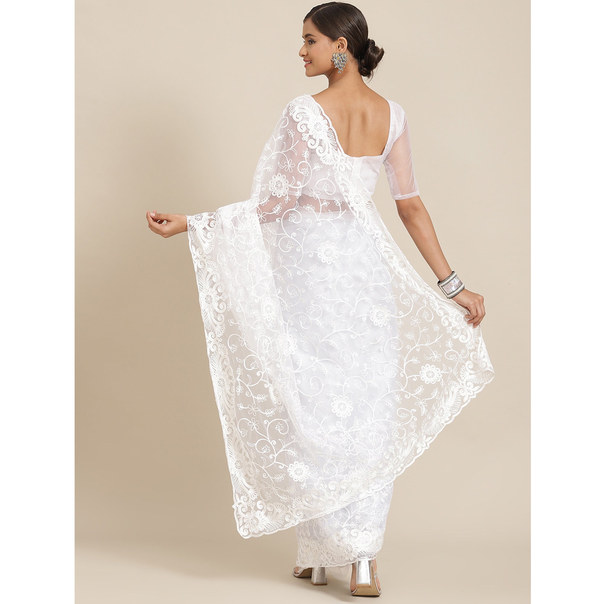 White Floral Embroidered Net Saree