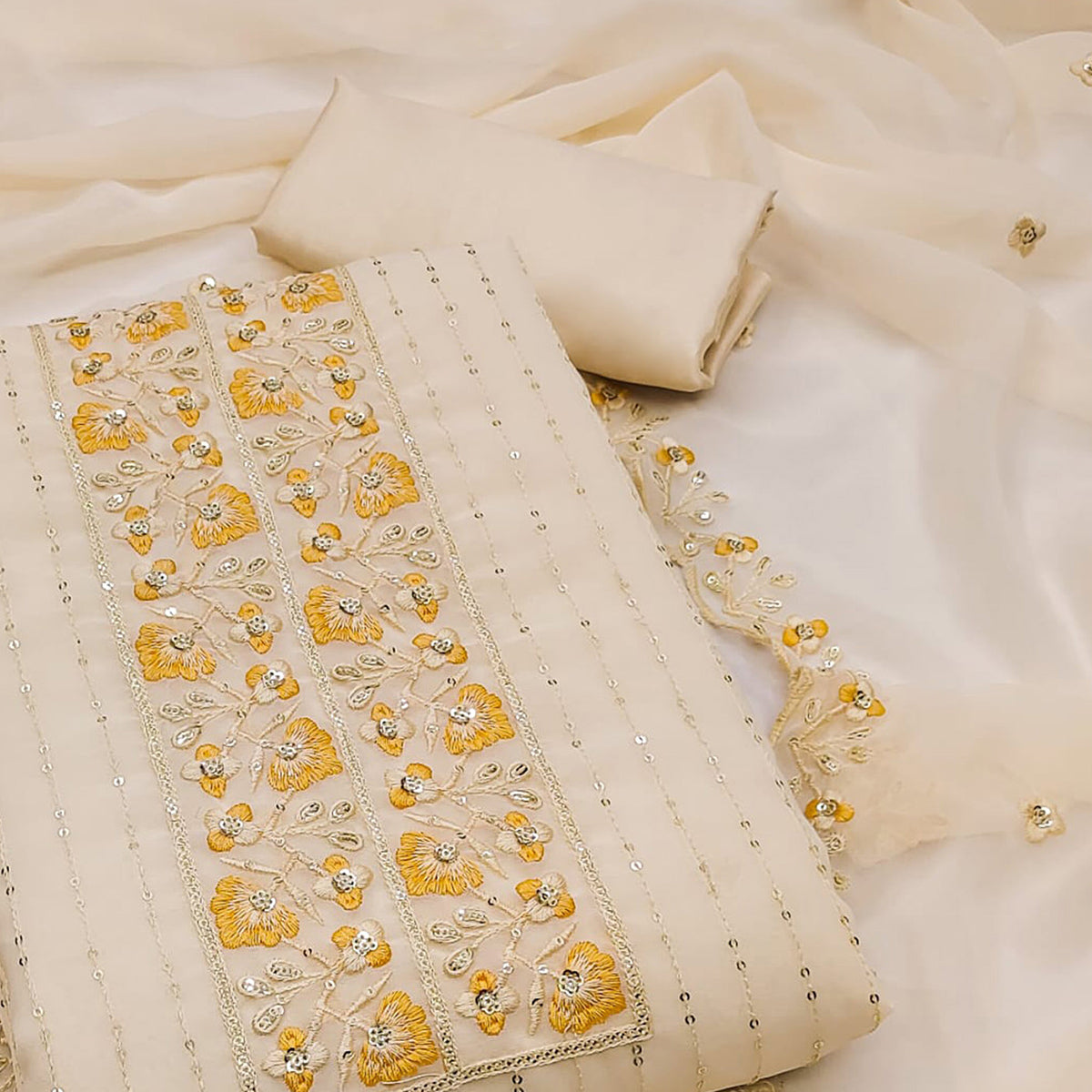 Light Chikoo Sequins Embroidered Georgette Dress Material