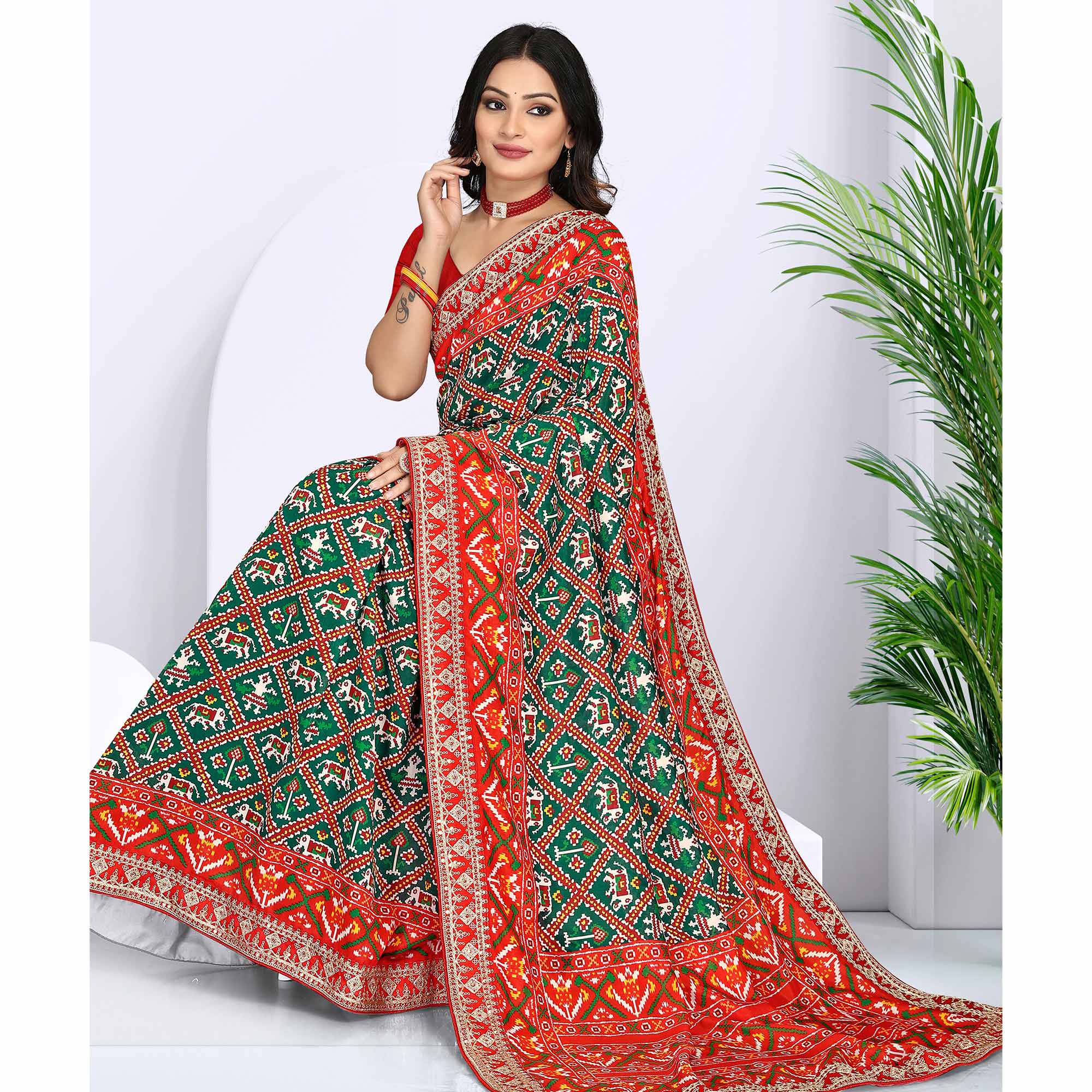 Green & Red Digital Printed With Sequins Vichitra Silk Saree