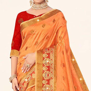Orange Woven Organza Saree With Tassels