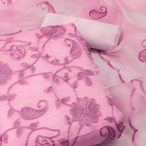 Pink Floral Embroidered Organza Dress Material