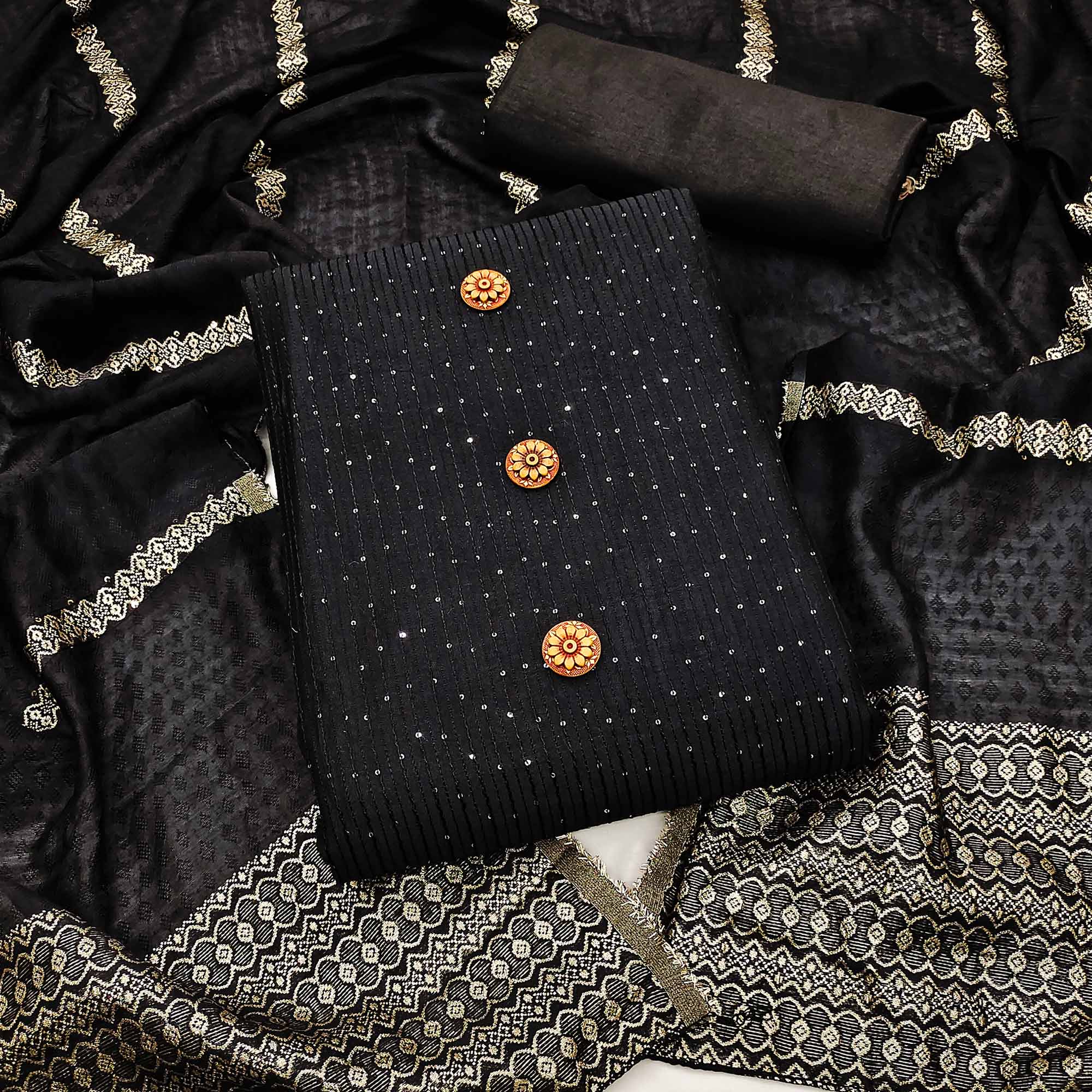 Black Sequins Embroidered Chanderi Dress Material