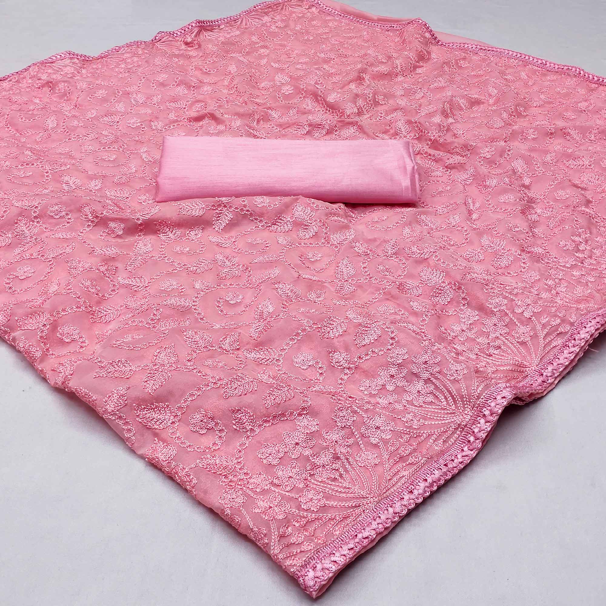 Pink Floral Embroidered Organza Saree