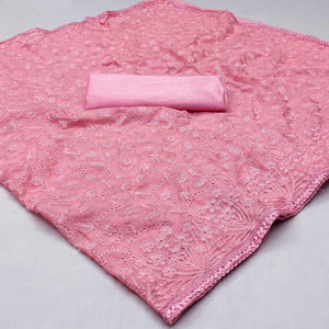 Pink Floral Embroidered Organza Saree