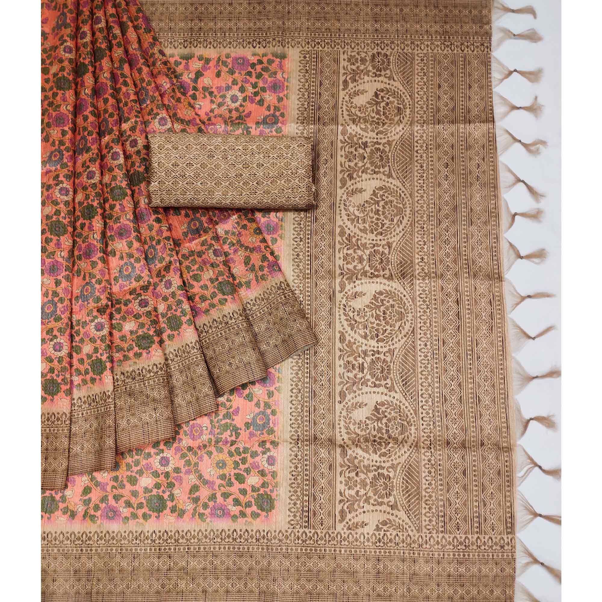 Peach Floral Printed Cotton Silk Saree With Tassels