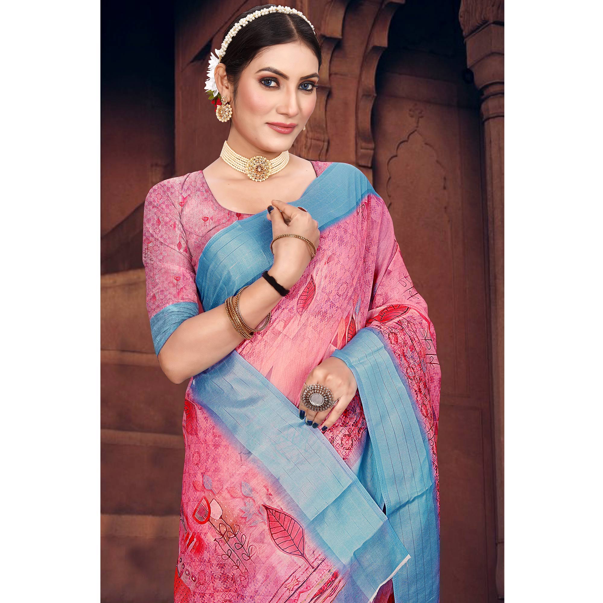 Pink Digital Printed Cotton Blend Saree