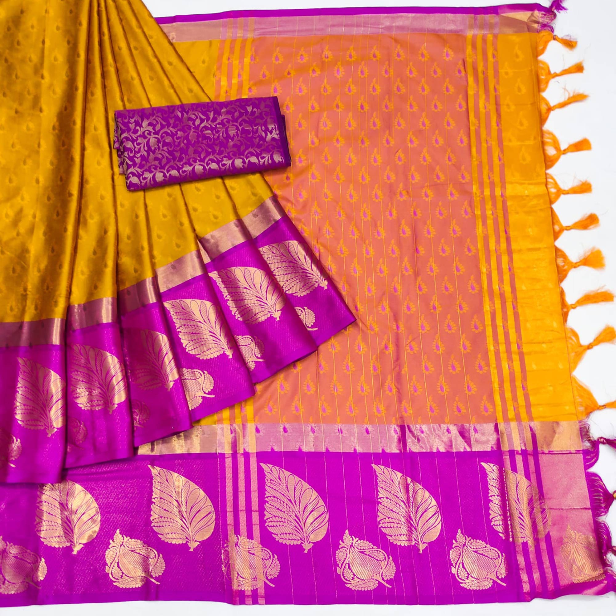Mustard Woven Cotton Silk Saree With Tassels