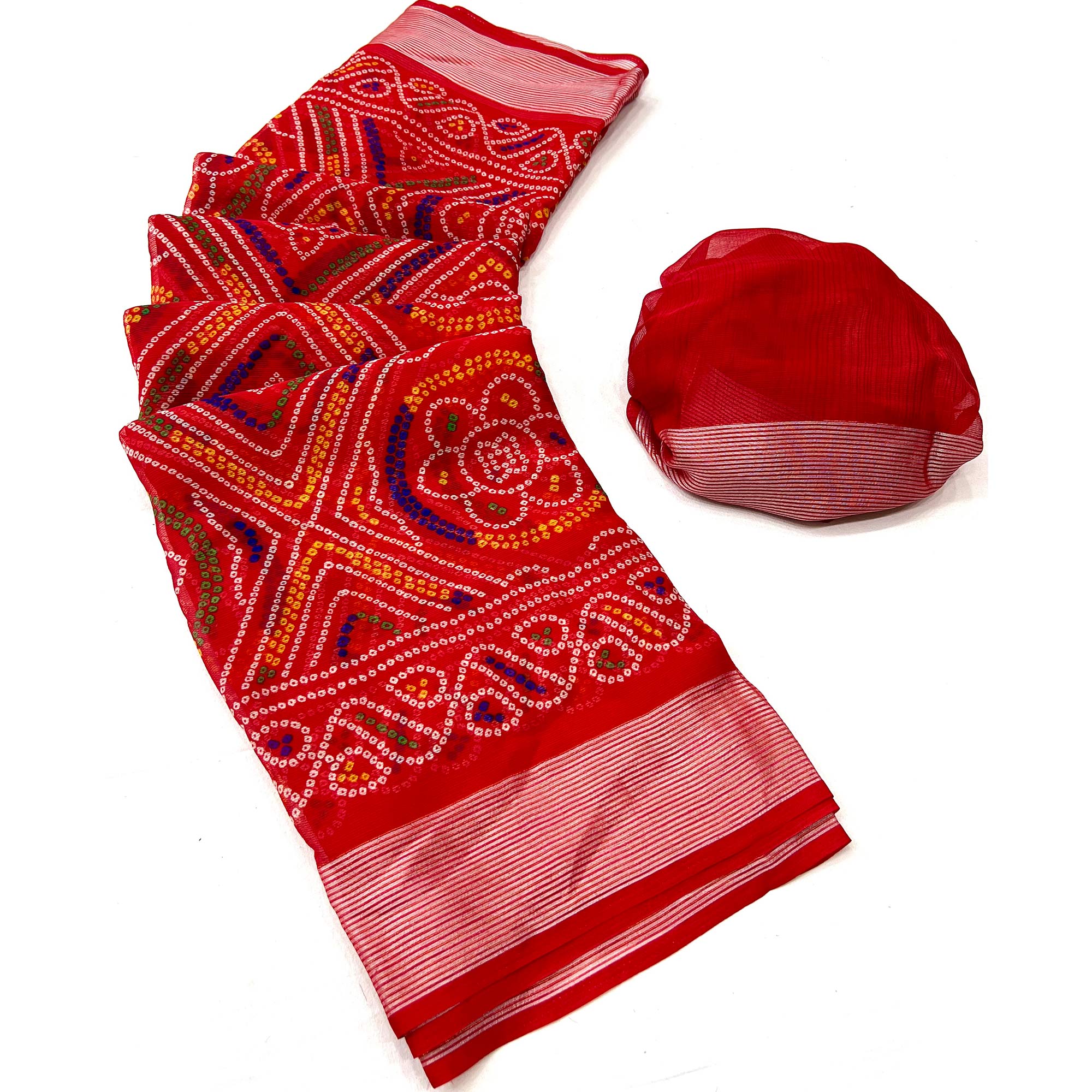 Red Bandhani Printed Chiffon Saree