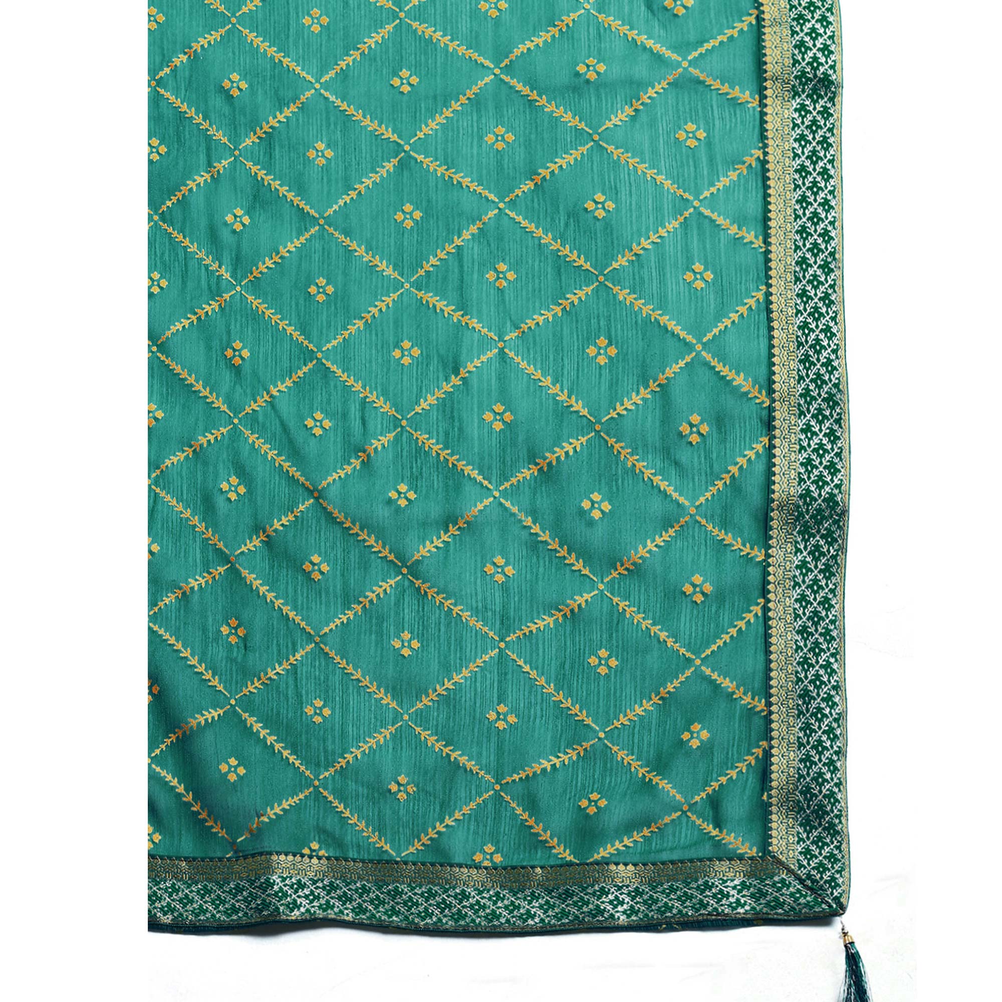 Turquoise Green Floral Foil Printed Zomato Saree