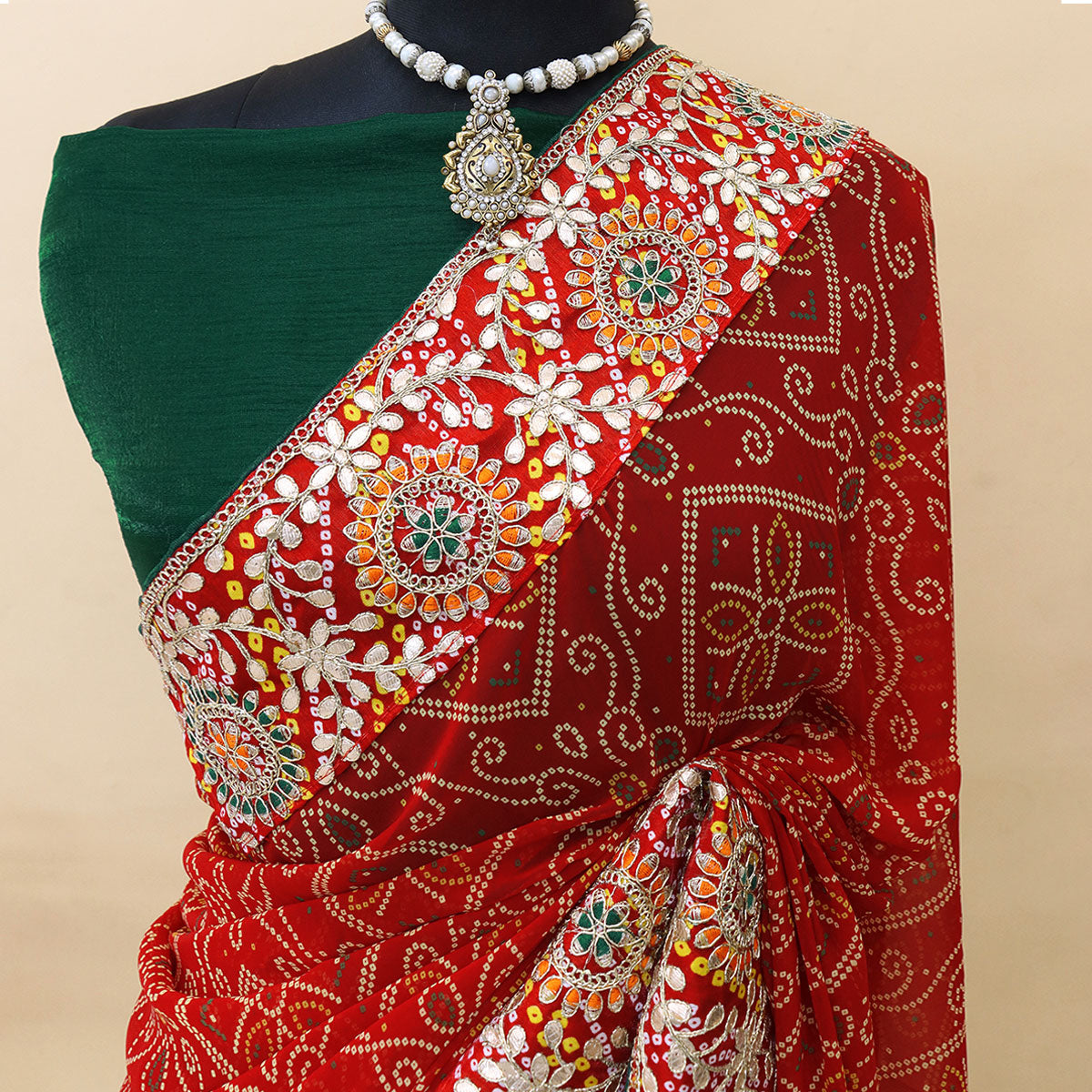 Red Bandhani Printed With Embroidered Border Georgette Saree
