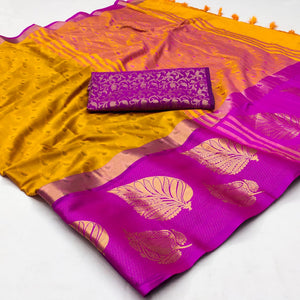 Mustard Woven Cotton Silk Saree With Tassels