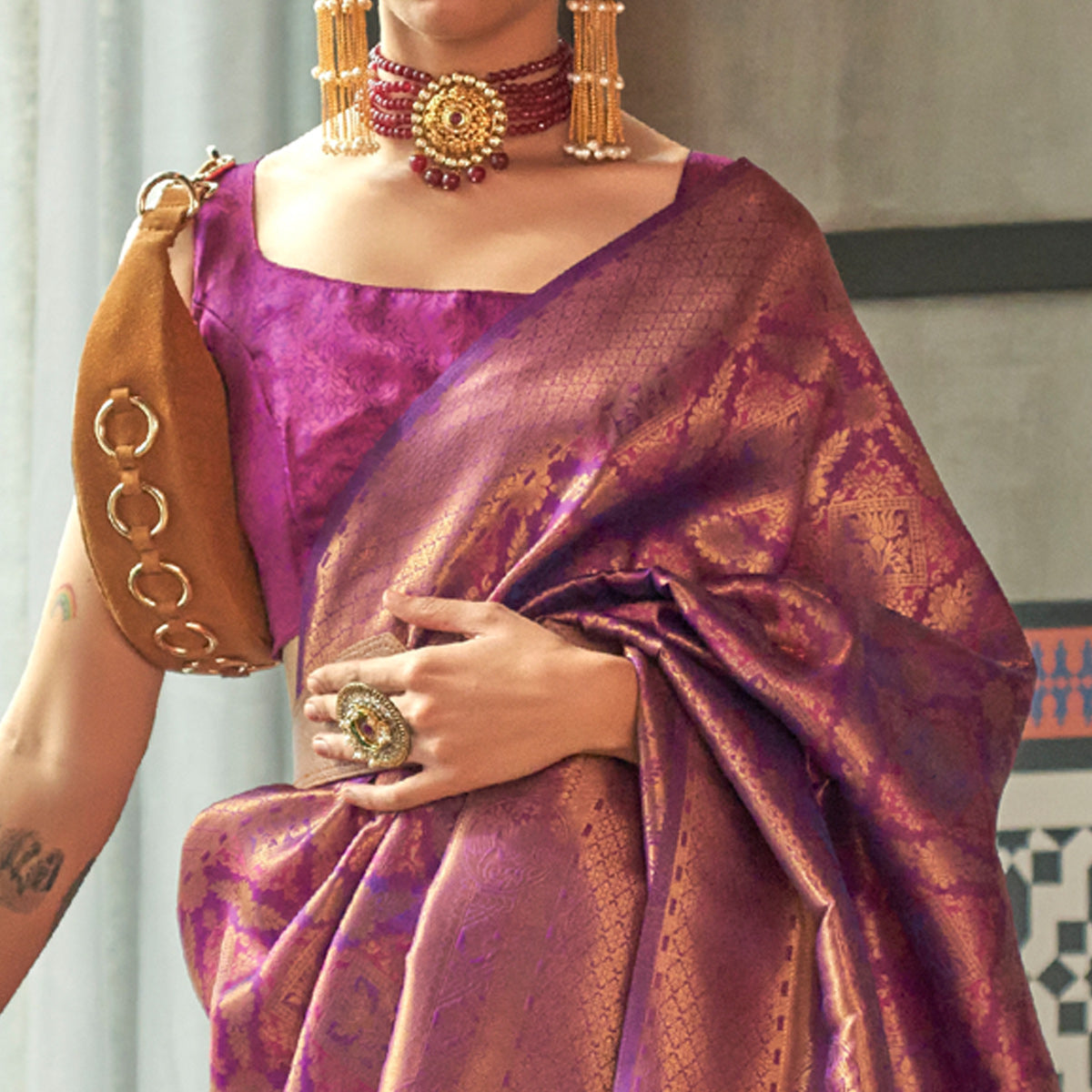 Purple Woven Art Silk Saree With Tassels