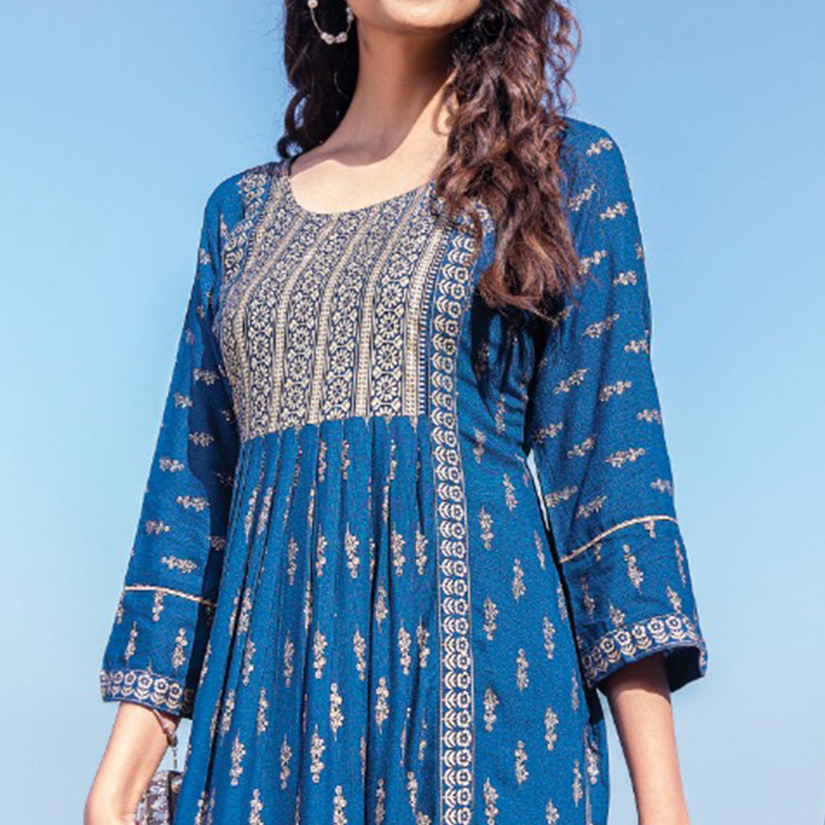 Blue Foil Printed Rayon Naira Cut Suit