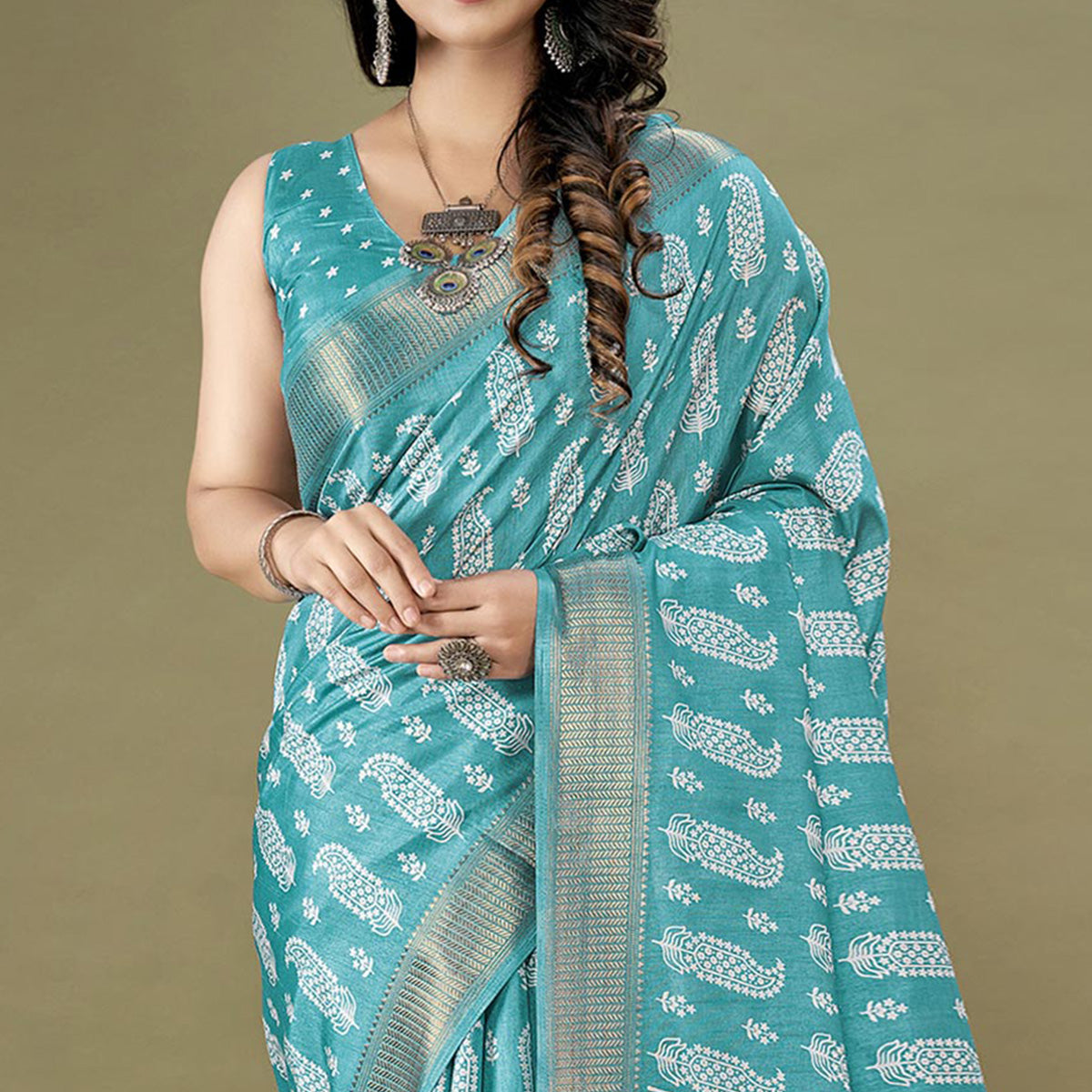 Blue Floral Printed Dola Silk Saree