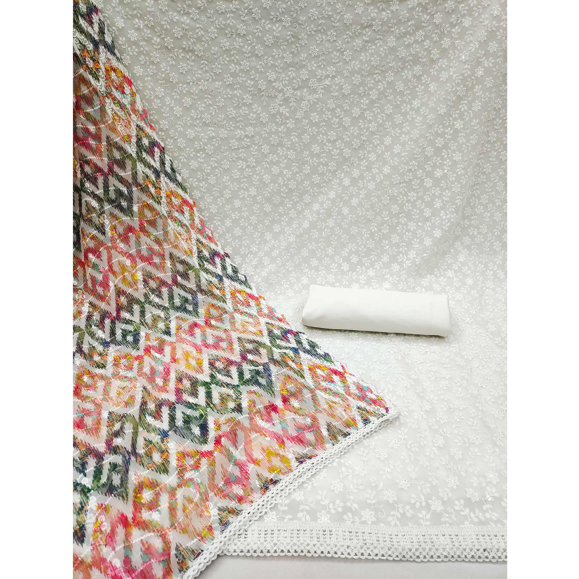 White Floral Sequins Embroidered Georgette Dress Material