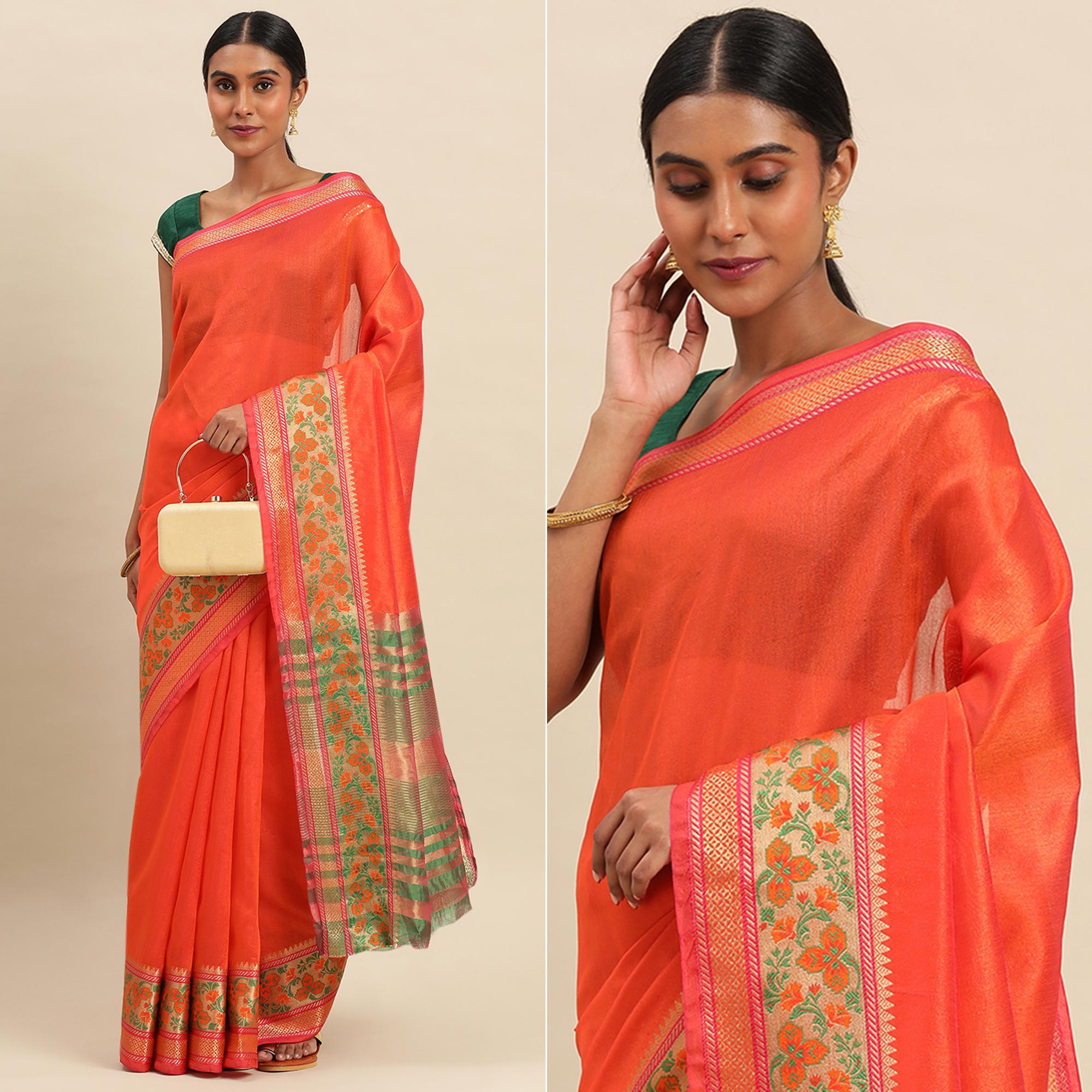 Orange Woven Cotton Silk Saree