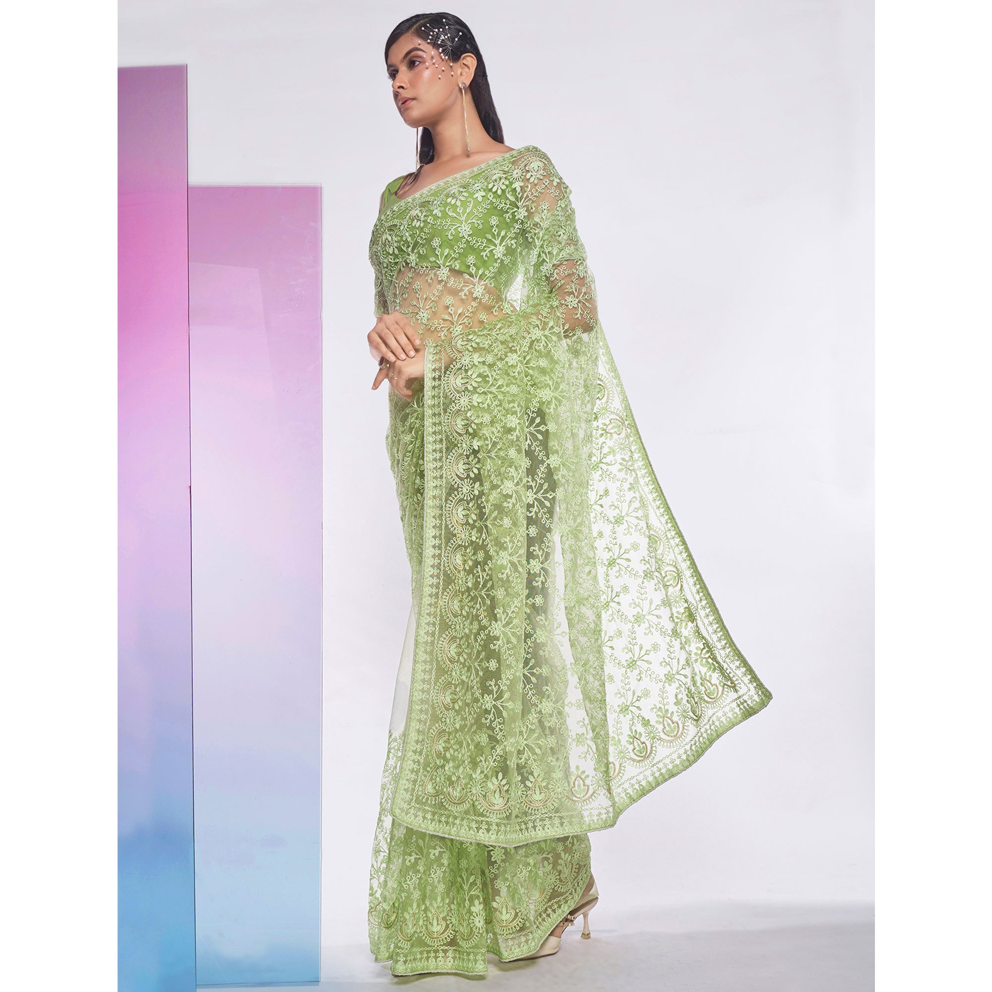 Green Floral Embroidered Net Saree