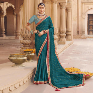 Teal Blue Embellished With Embroidered Border Satin Saree