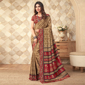 Beige Printed Crepe Saree