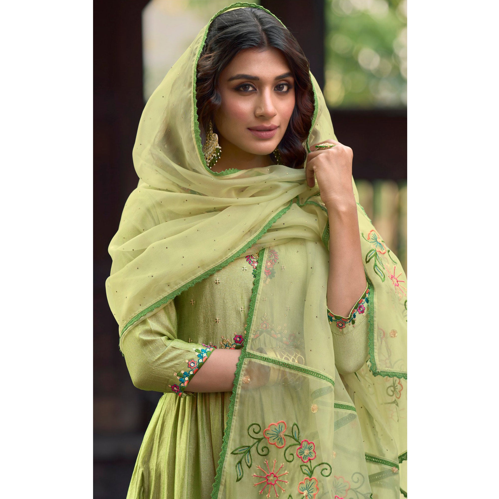 Green Floral Embroidered Art Silk Naira Cut Suit
