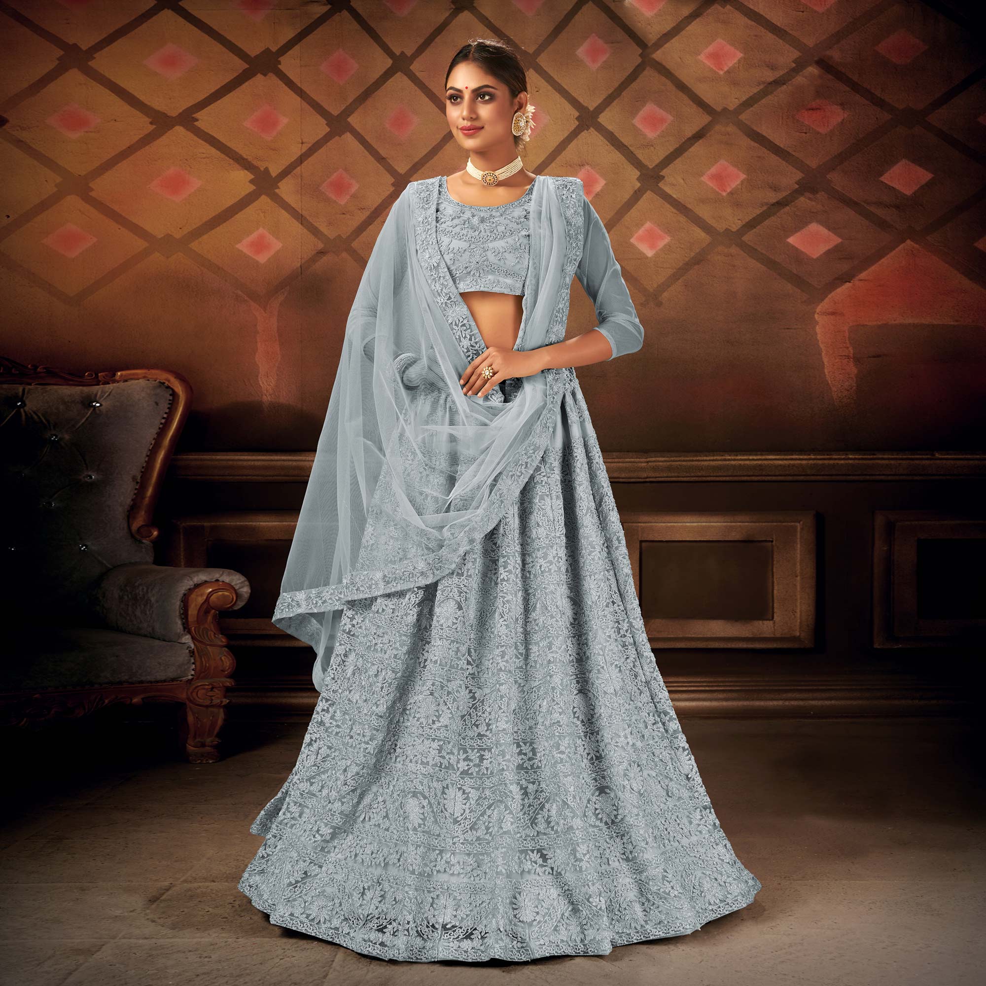 Grey Embroidered Netted Lehenga Choli
