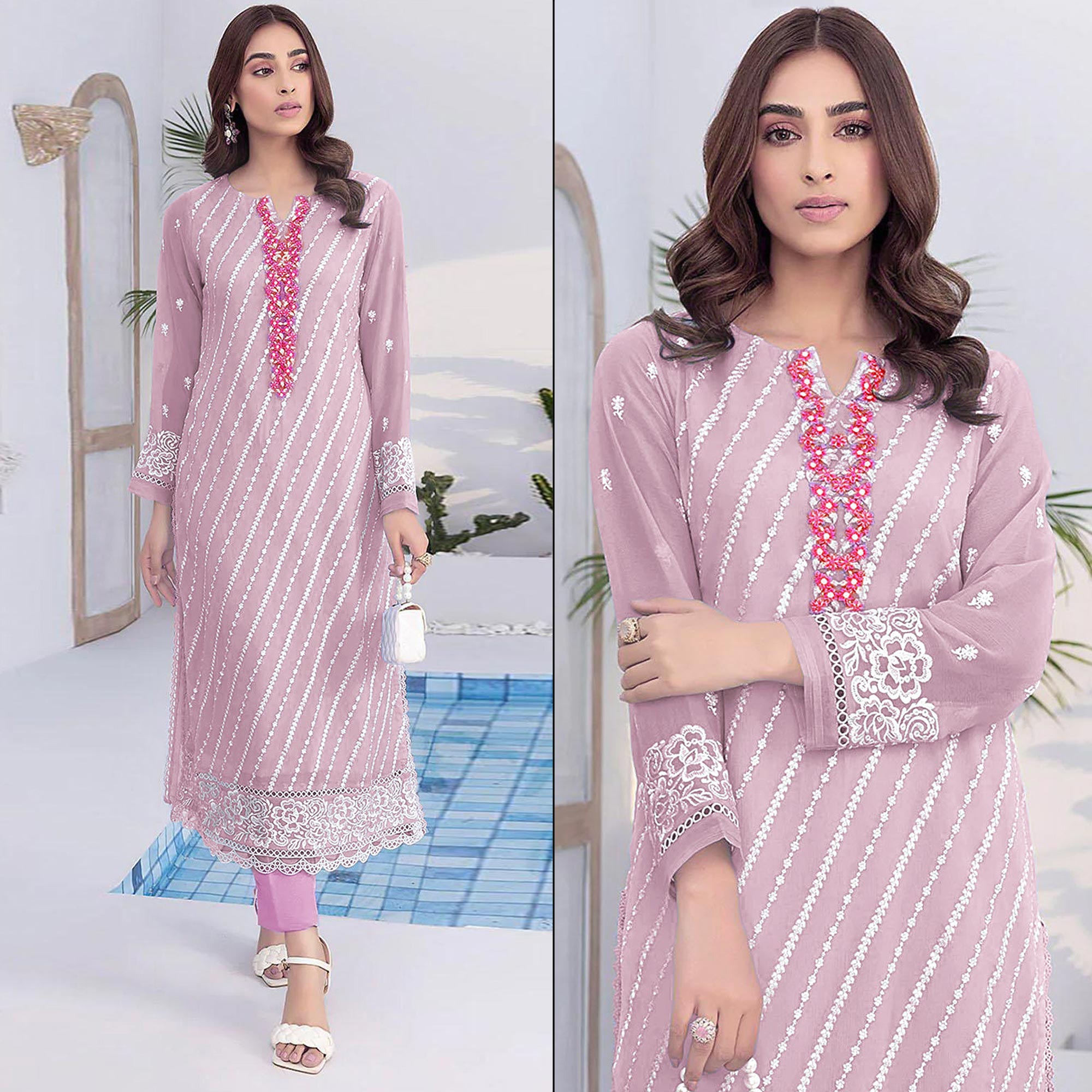 Light Pink Floral Embroidered Georgette Semi Stitched Suit